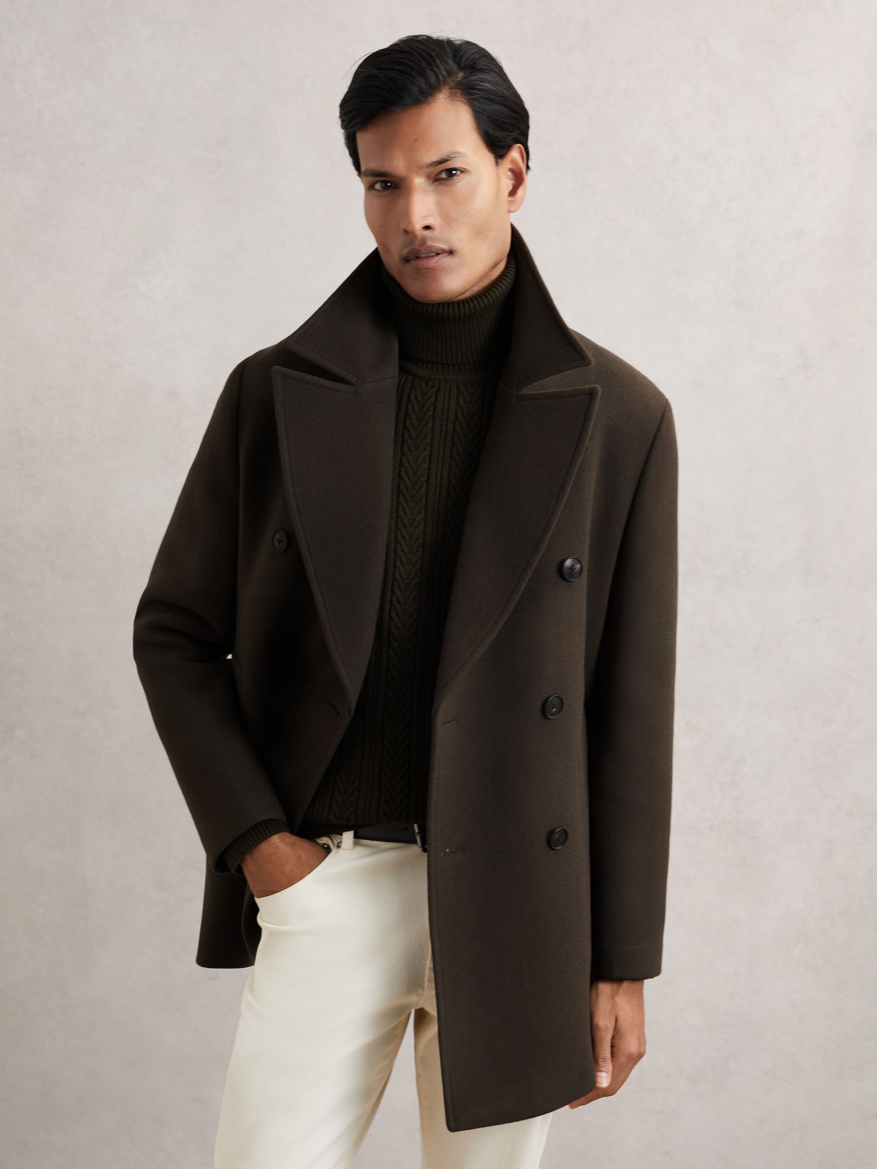 Wool-Blend Double-Breasted Pea Coat in Dark Green