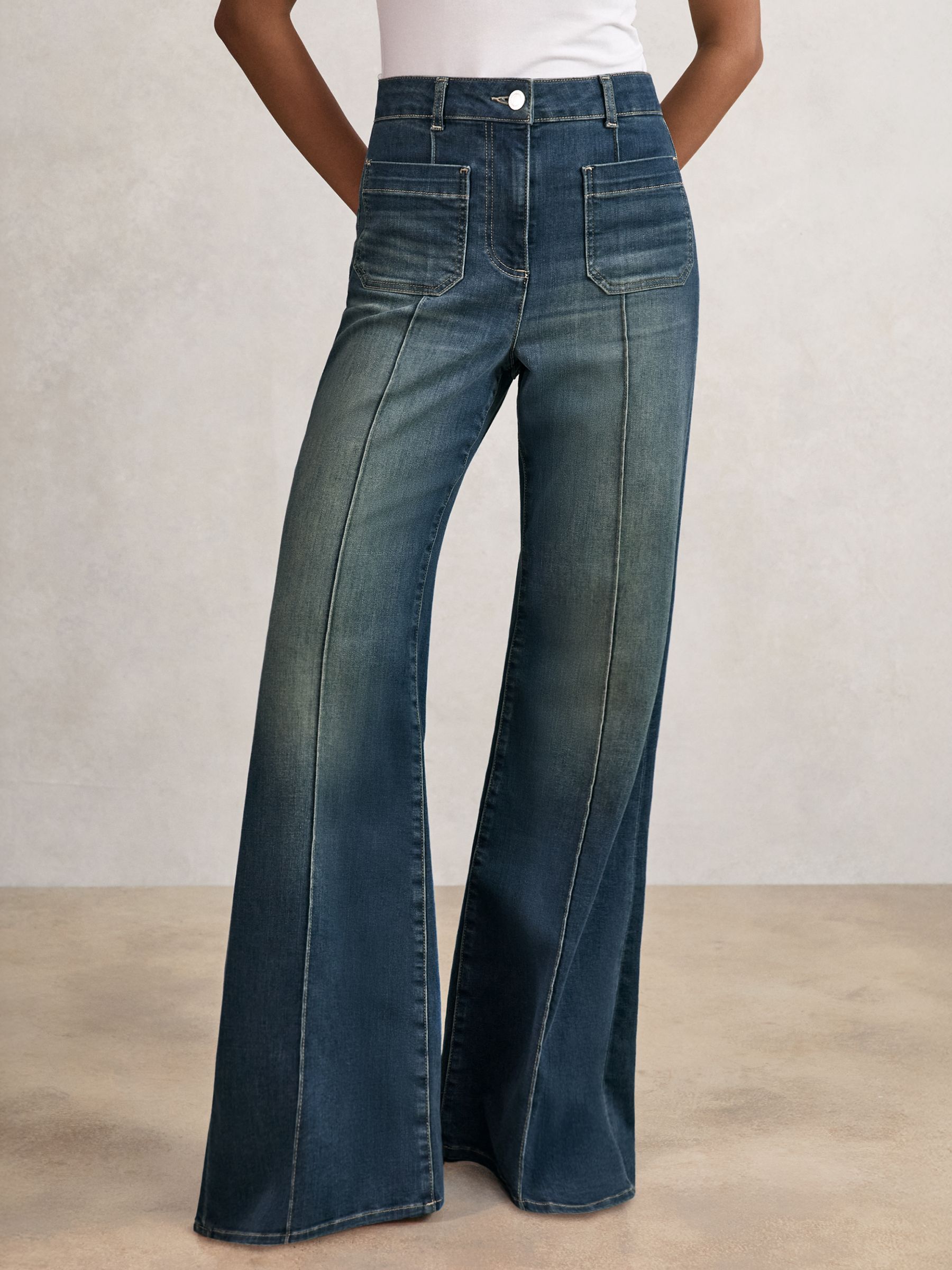Petite Patch-Pocket Flared Jeans in Mid Blue