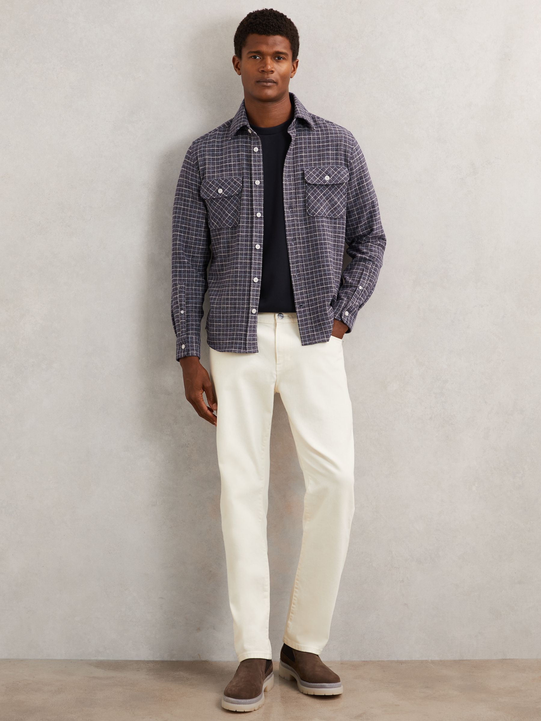 Check Twin-Pocket Jersey Overshirt in Indigo Blue