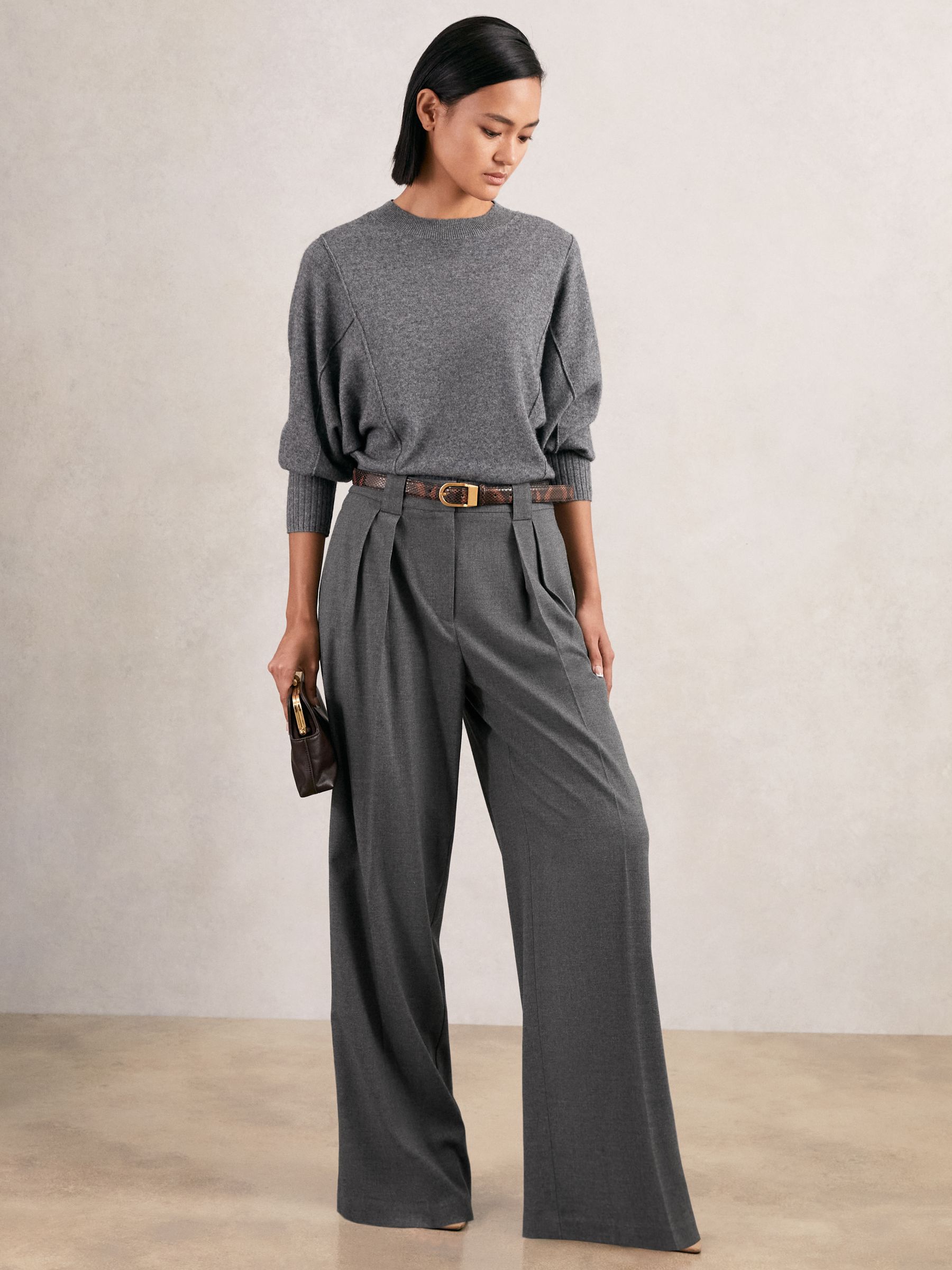 Petite Wide-Leg Pleated Trousers in Grey