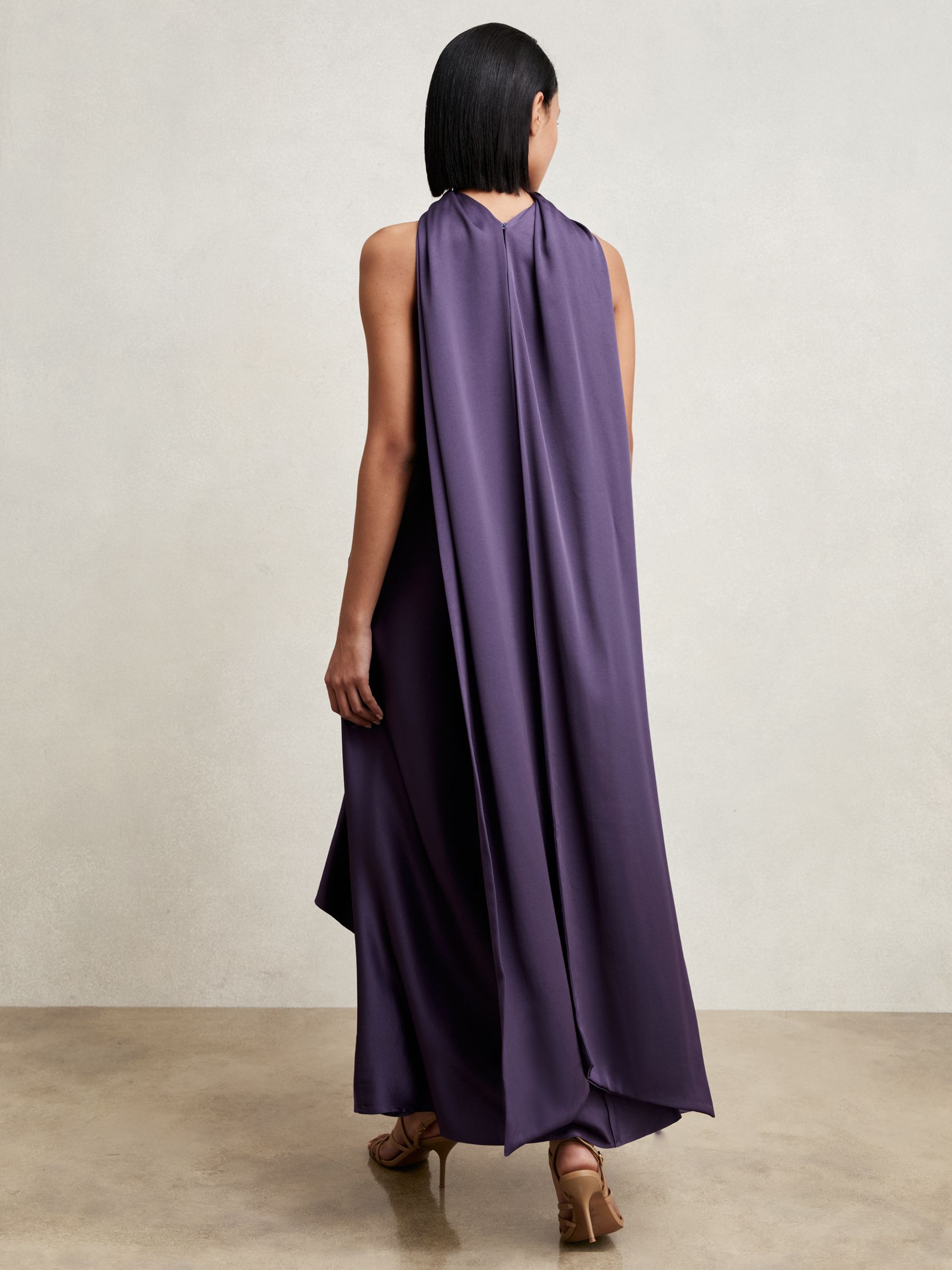 Satin Tuck-Detail Cape Midi Dress in Purple