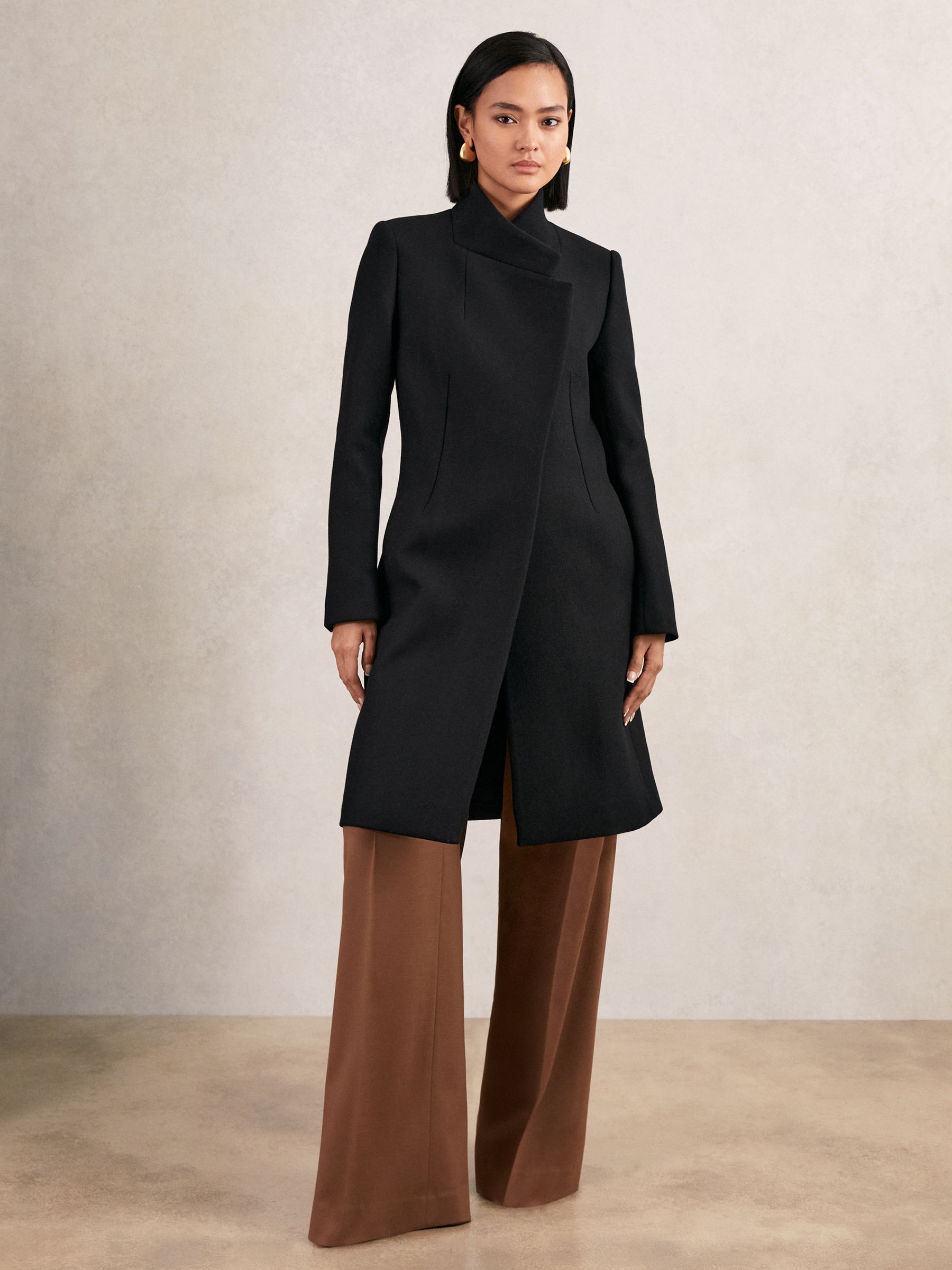 Wool-Blend Wrapover Mid-Length Coat in Black