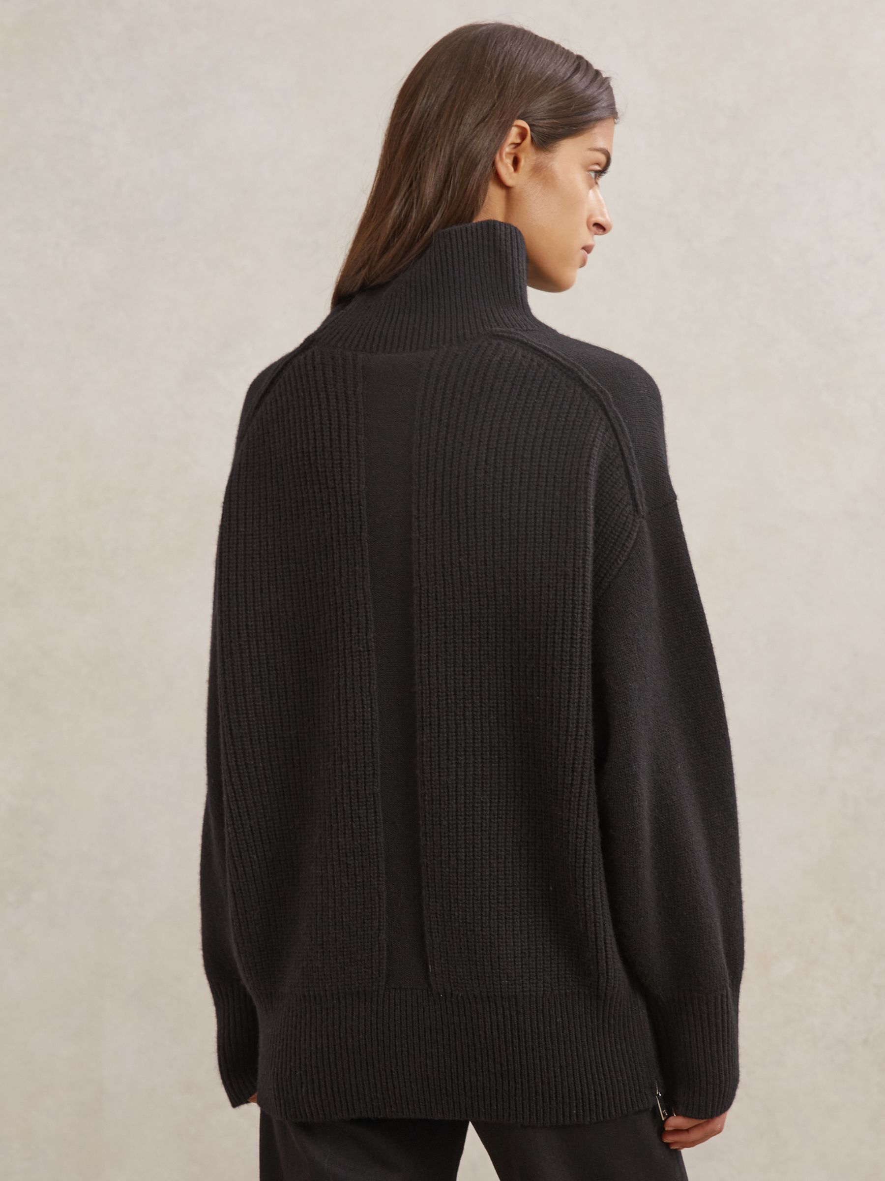 Wool Zip-Detail Funnel-Neck Jumper in Black