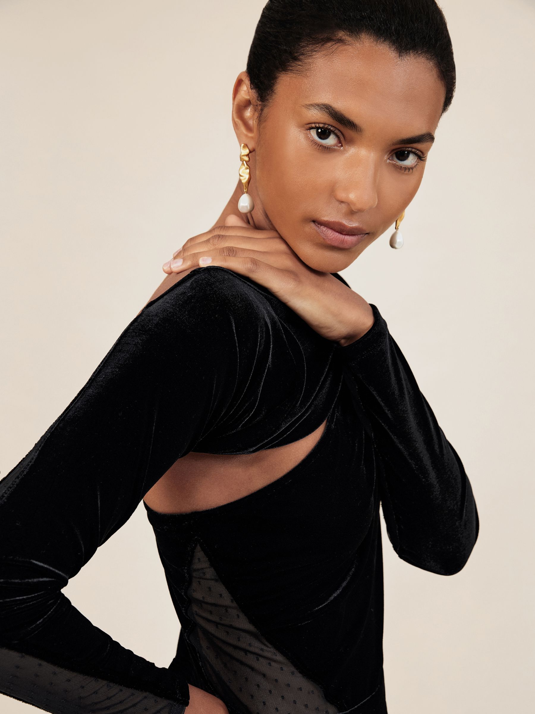 Velvet Sheer-Panel Wide-Leg Jumpsuit in Black