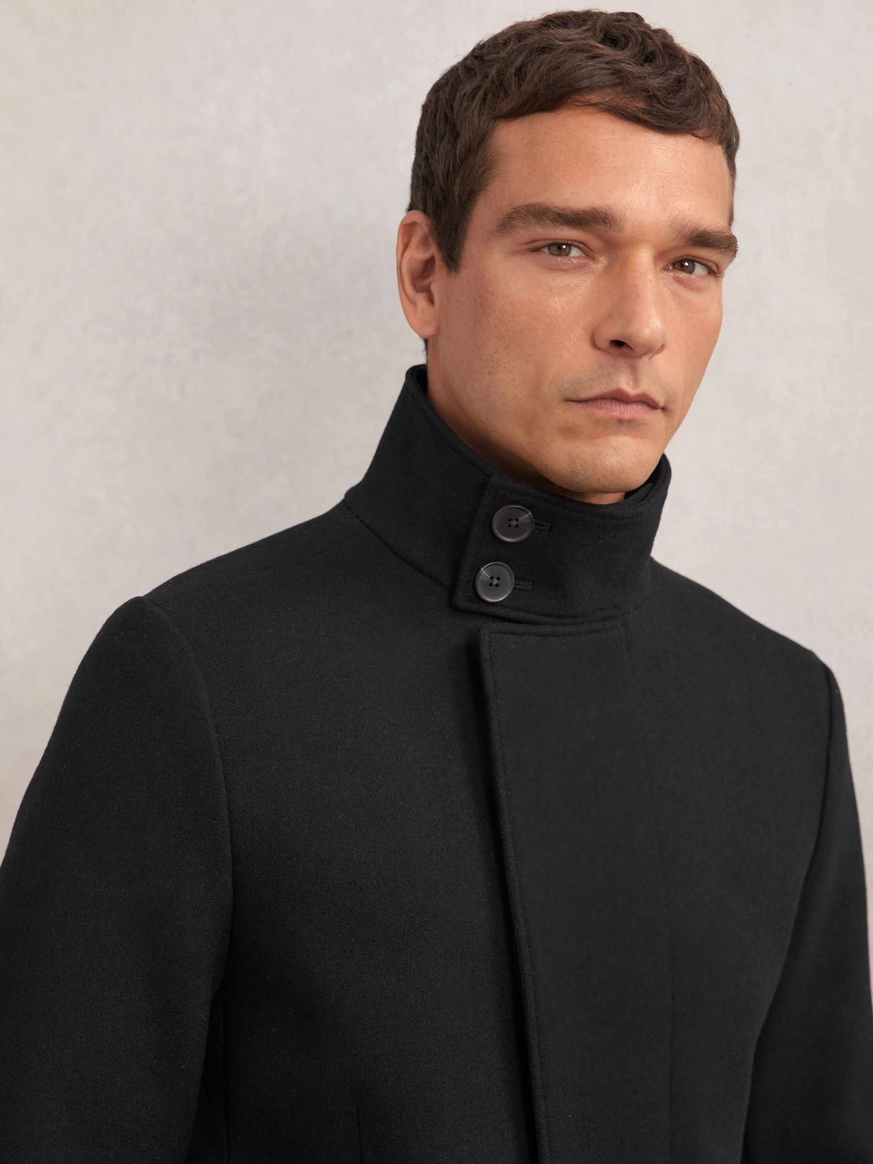 Wool-Blend Stand-Collar Coat in Black