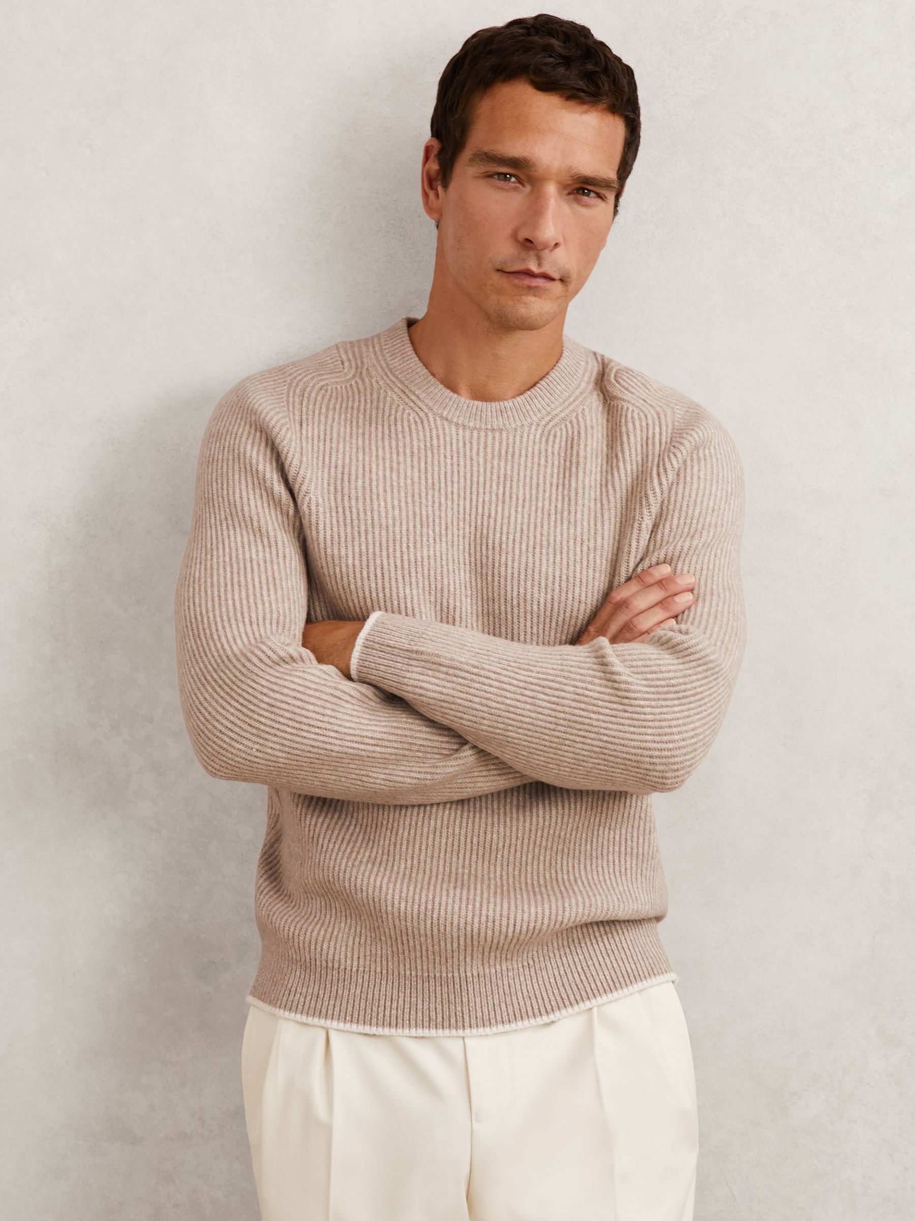 Brushed Rib-Knit Crew-Neck Jumper with Wool in Oatmeal Brown