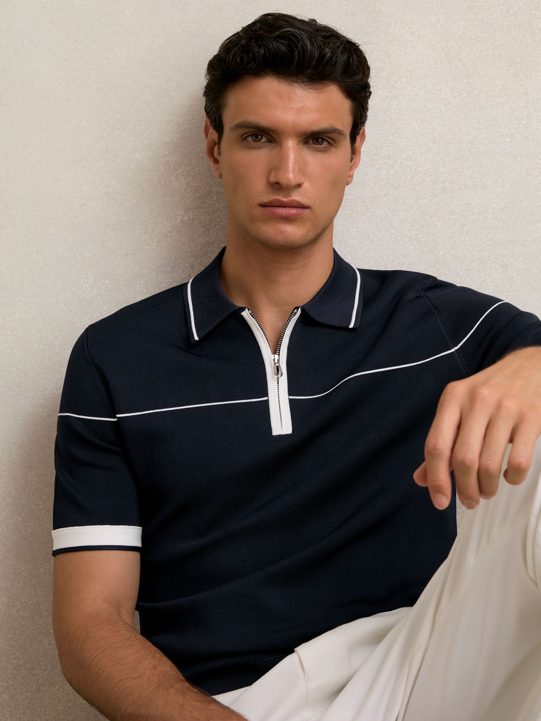 Half-Zip Tipped Polo Shirt in Navy/White