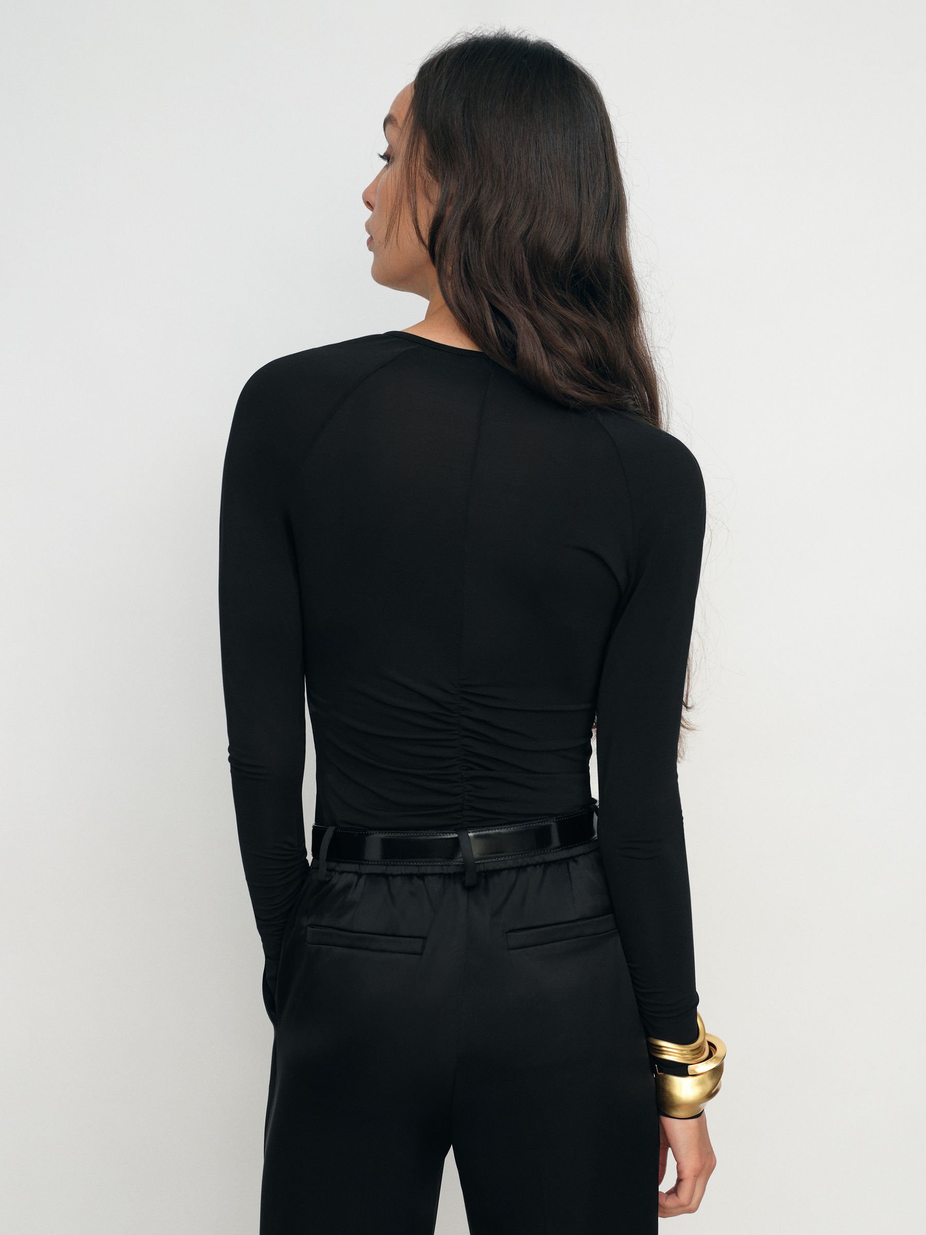 Ruched Mesh V-Neck Top in Black