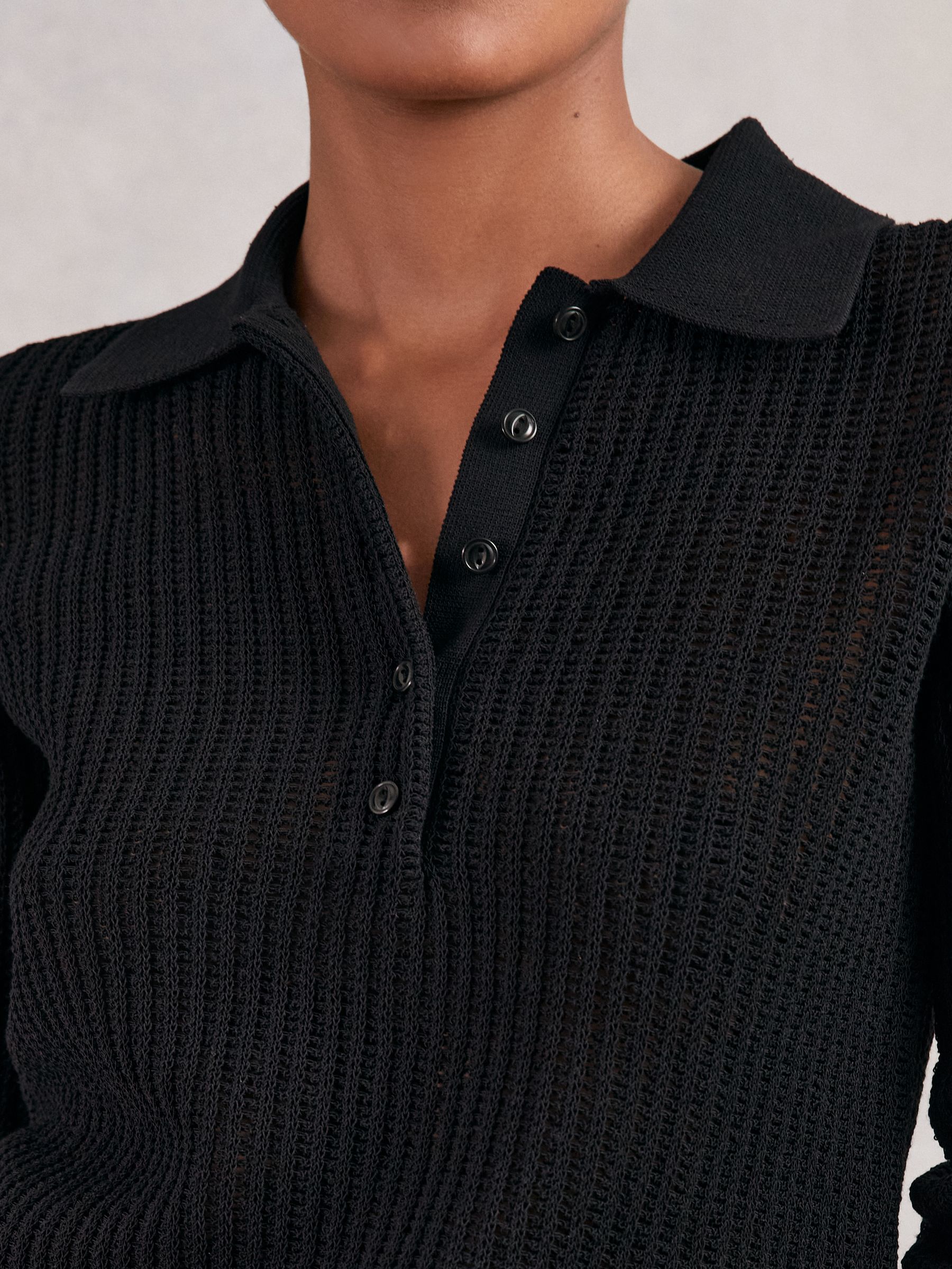 Open-Knit Long-Sleeve Polo Top in Black