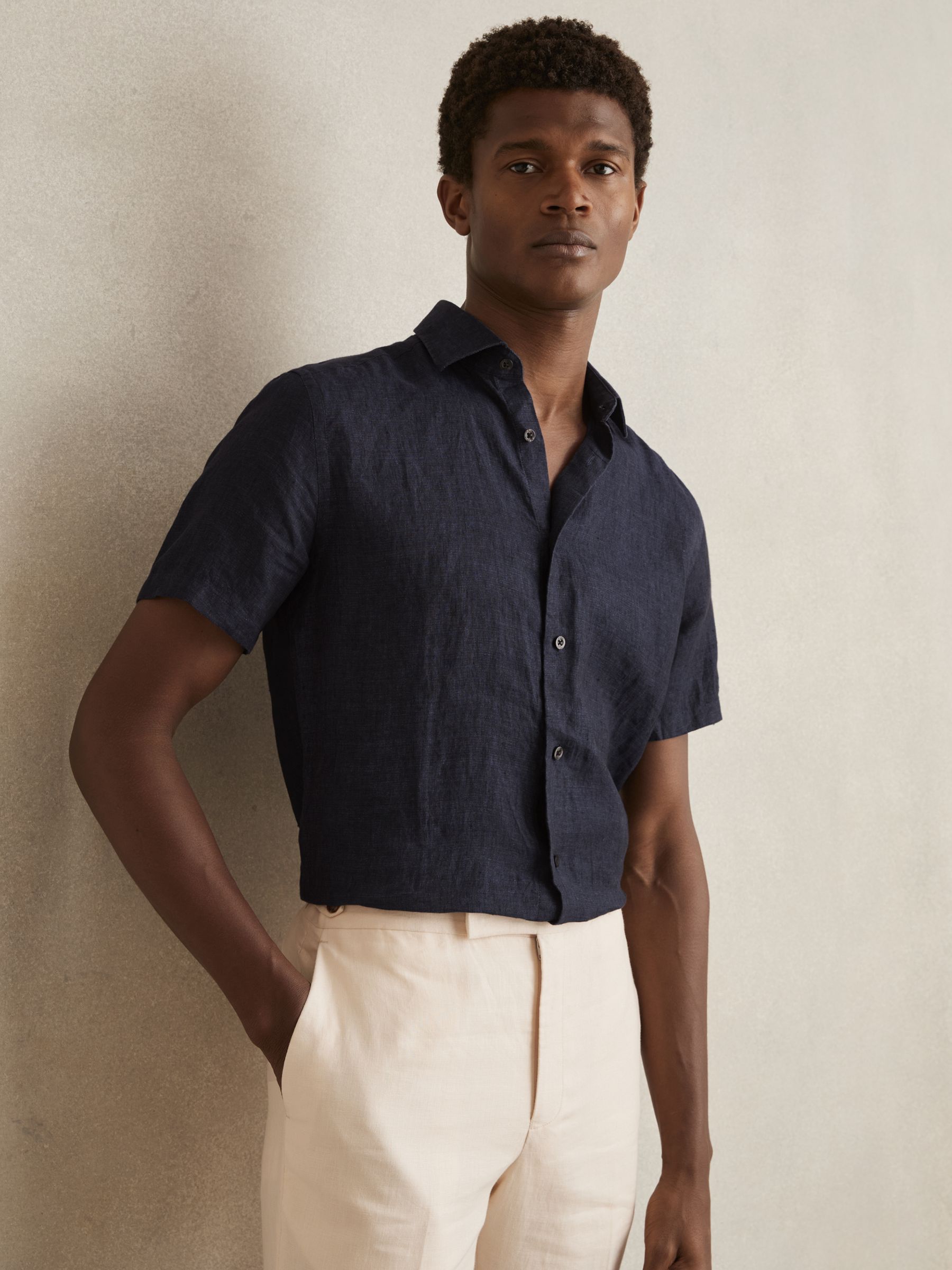 Slim Fit Linen Button-Through Shirt in Navy