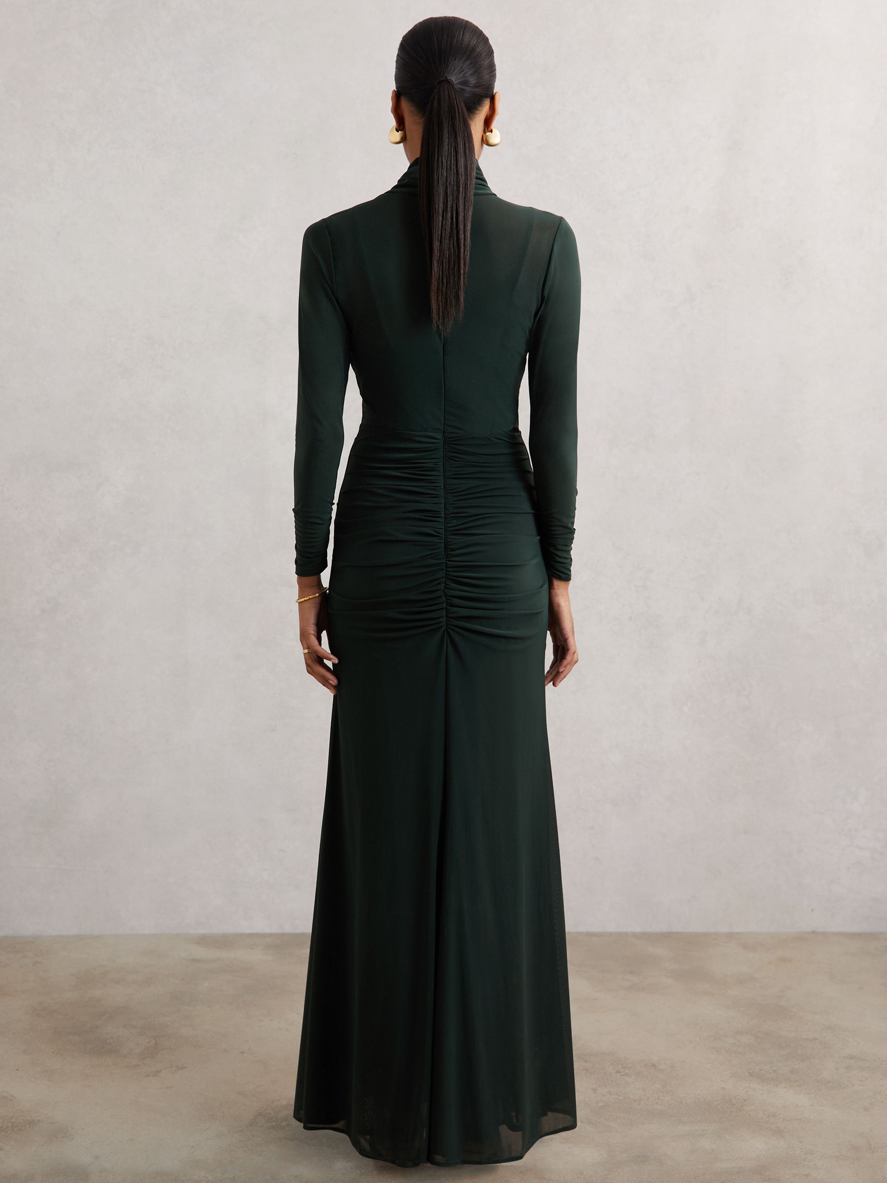Petite Ruched Long-Sleeve Maxi Dress in Dark Green