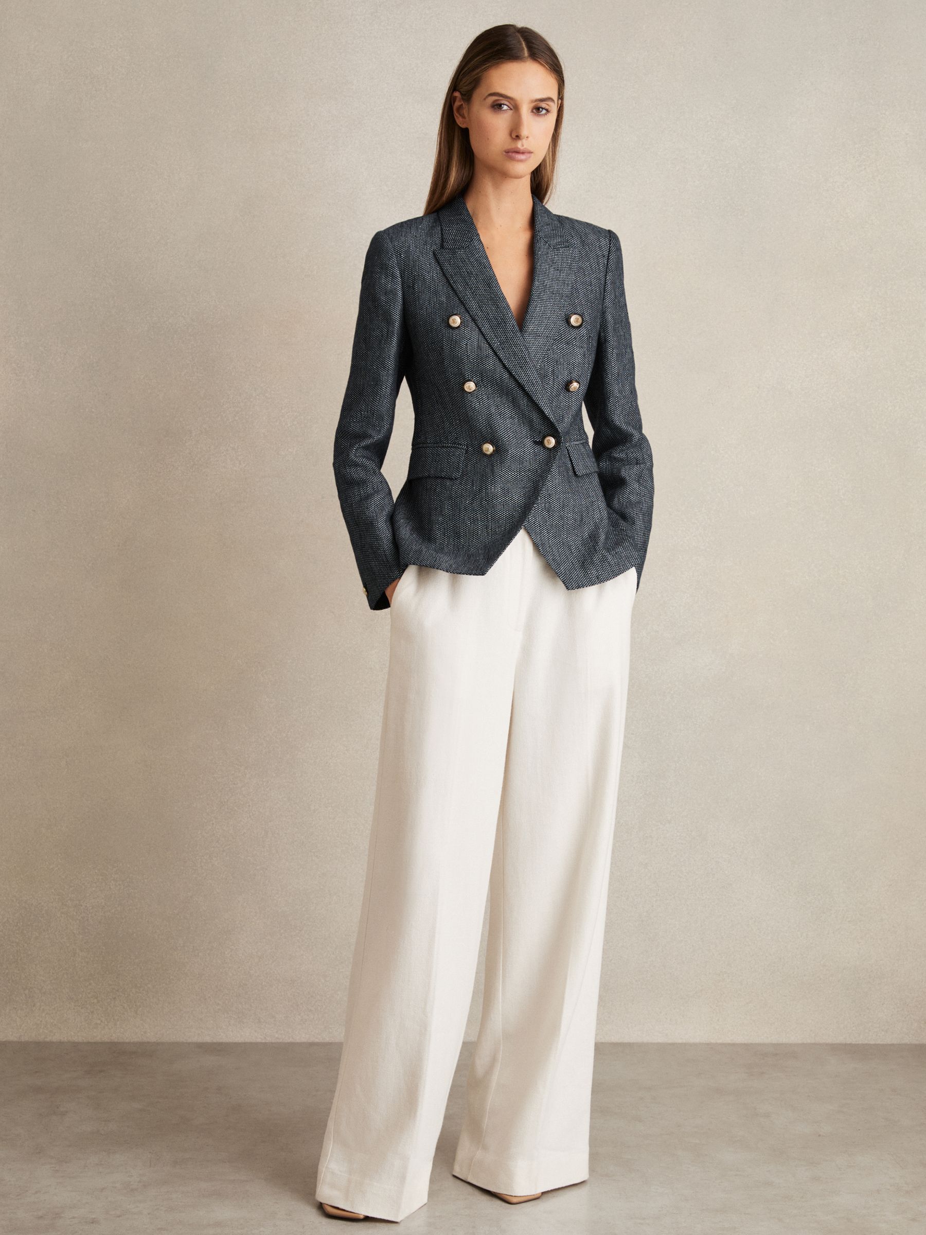 Linen-Cotton Double-Breasted Blazer in Navy