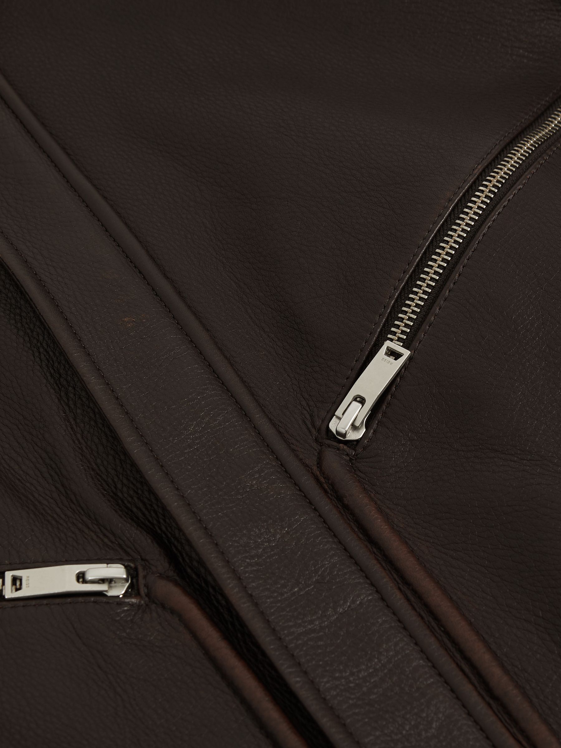 Burnished-Leather Zip-Through Jacket in Chocolate Brown