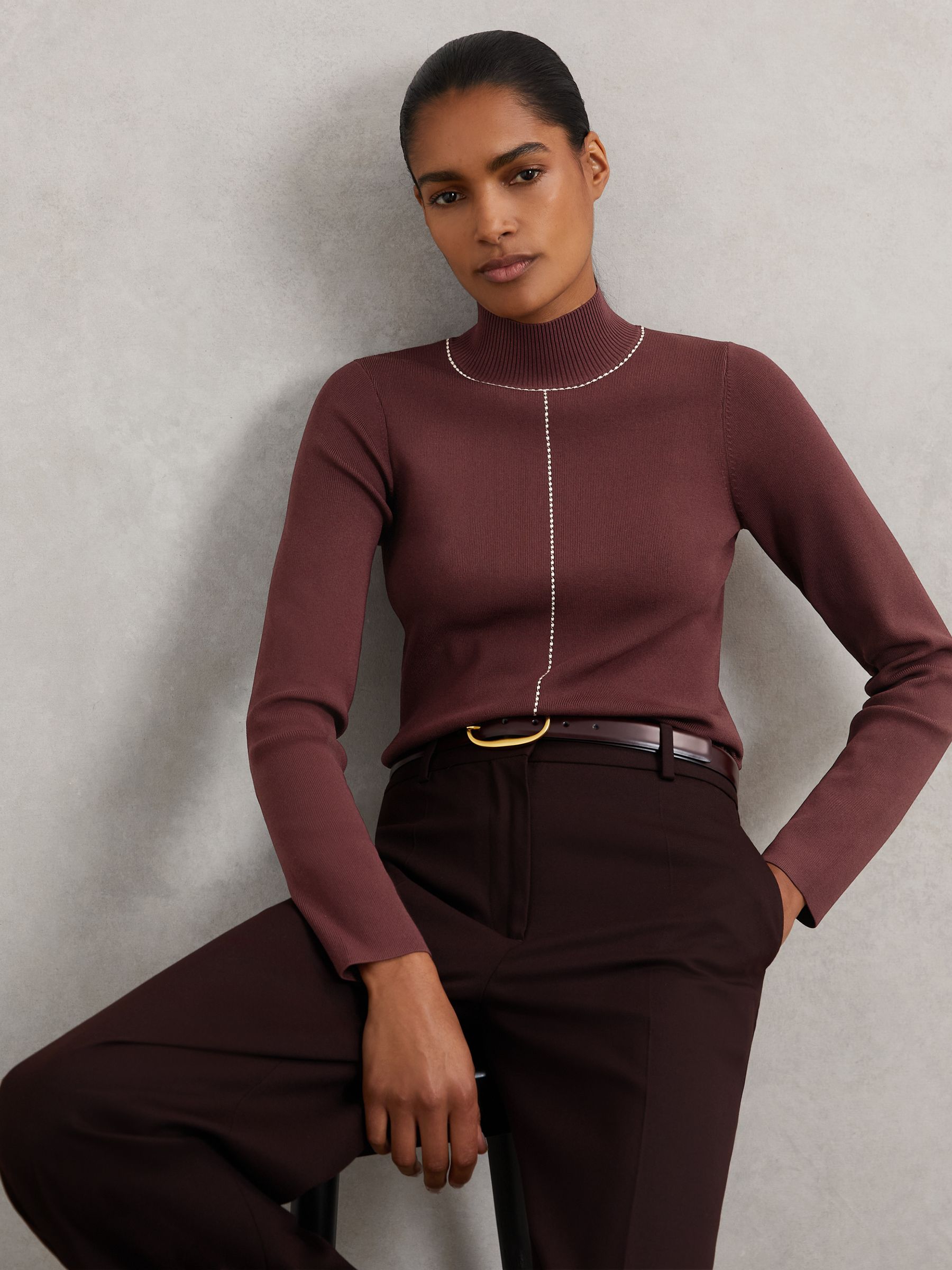 Stitch-Detail Funnel-Neck Jumper in Burgundy