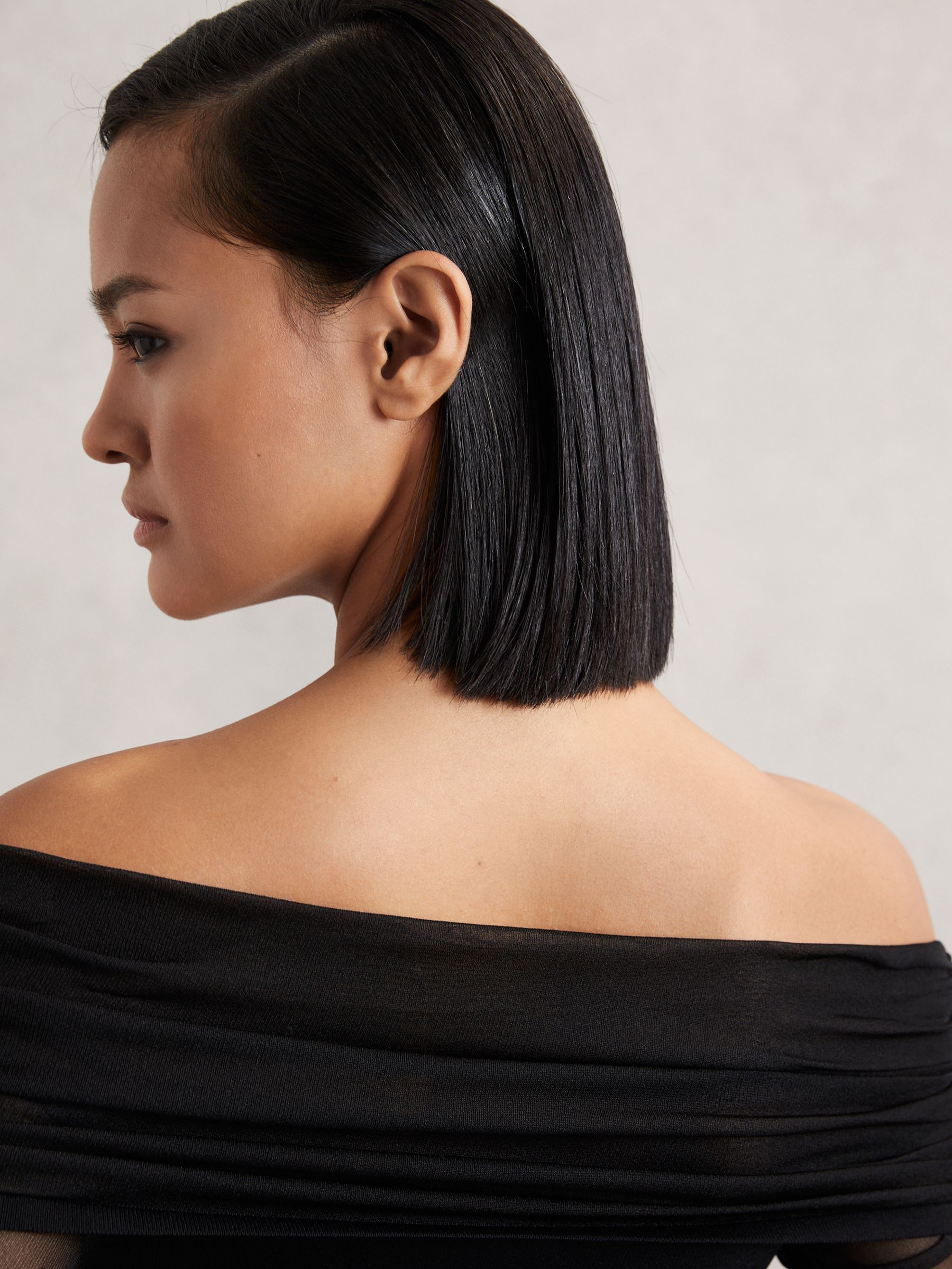 Sheer-Sleeve Knit Midi Dress in Black