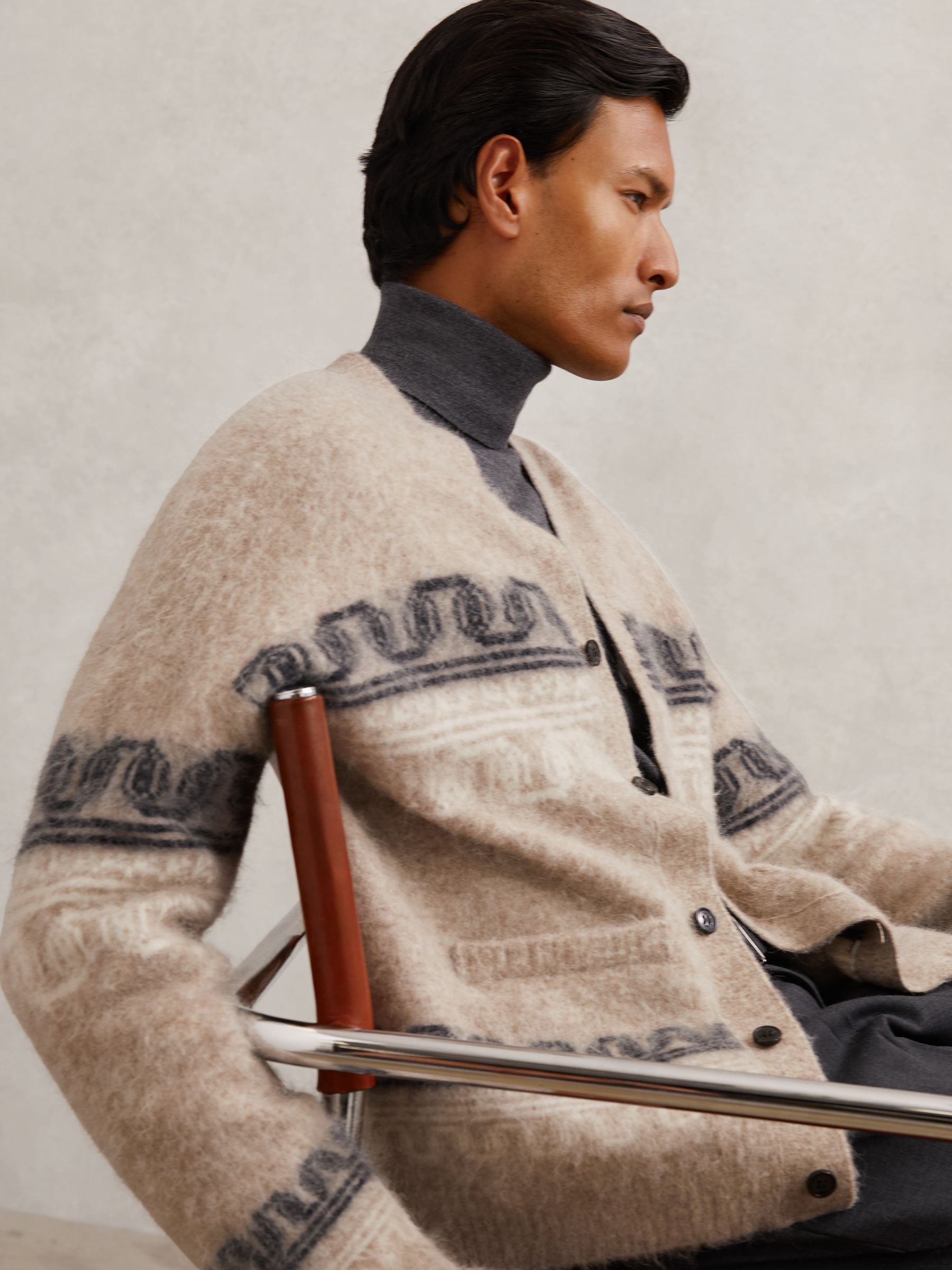 Alpaca Wool-Blend Fair Isle Cardigan in Oatmeal