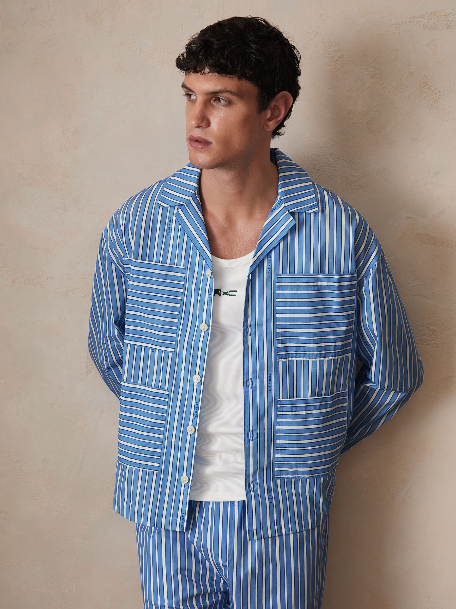 Reiss | Ché Poplin Stripe Pocket Shirt in Bright Blue/White
