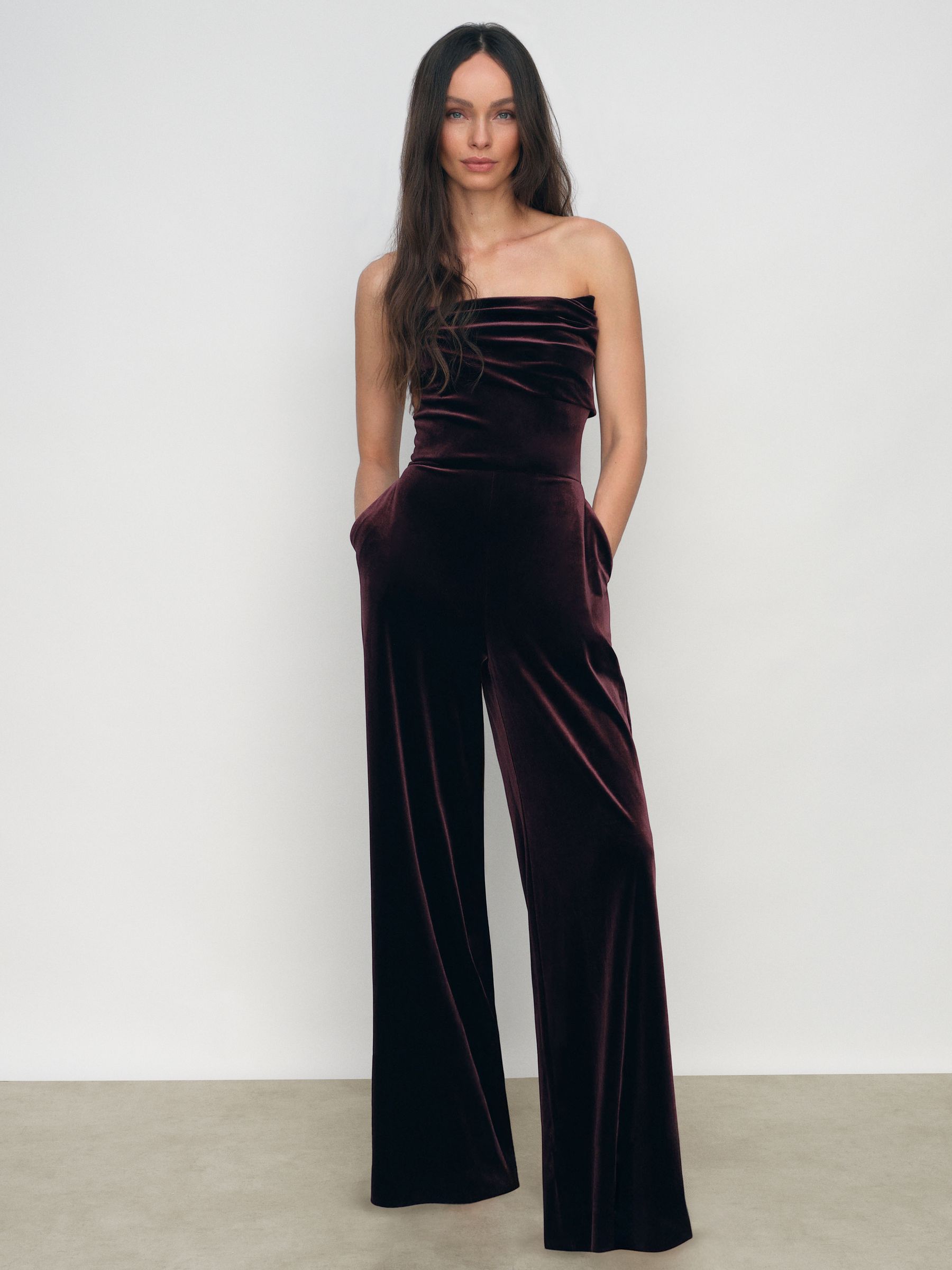 Petite Velvet Drape Strapless Jumpsuit in Burgundy