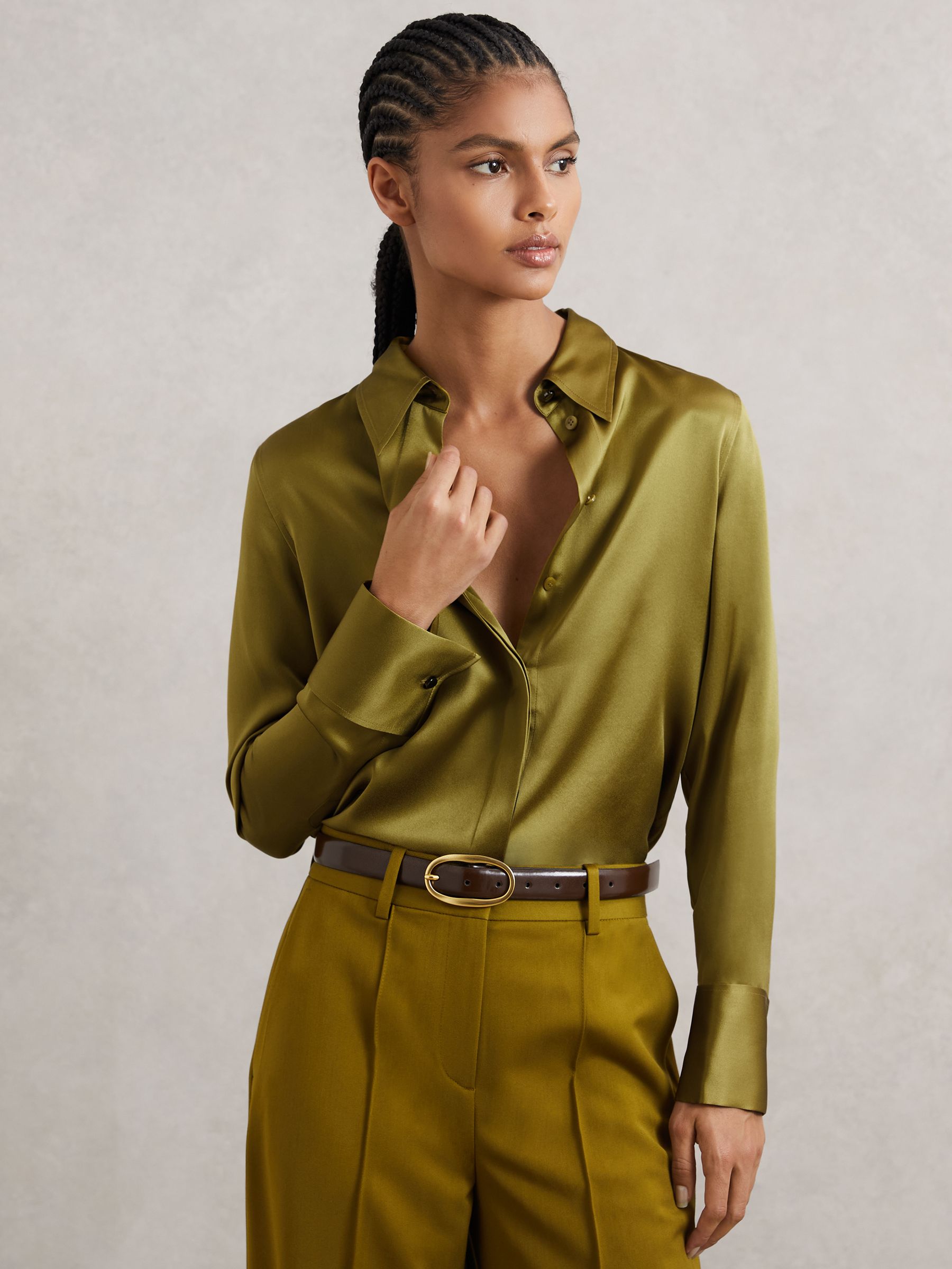 Silk-Satin Concealed-Placket Shirt in Taupe Brown