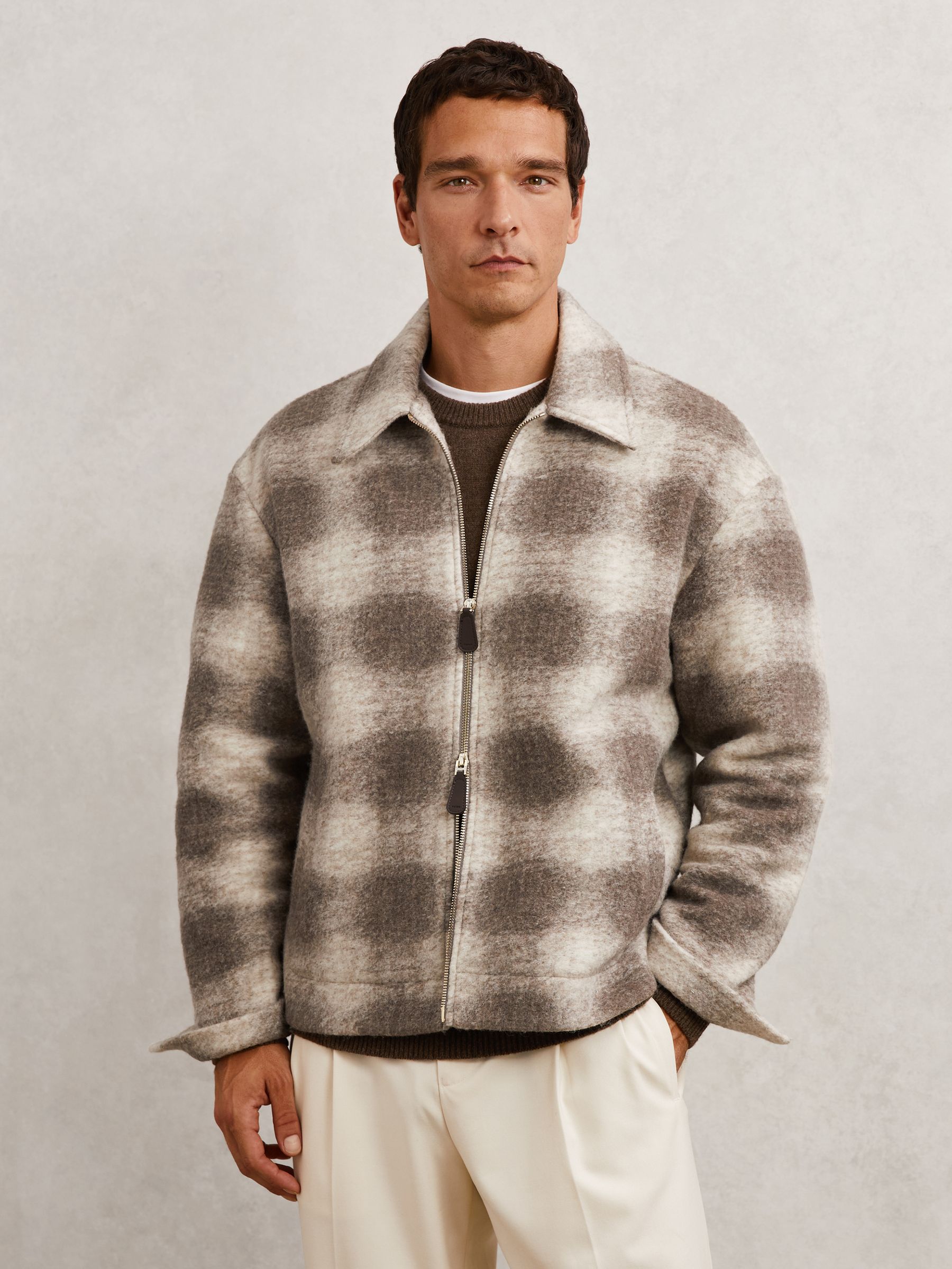 Brushed Check Zip-Through Overshirt with Wool in Ecru/Brown