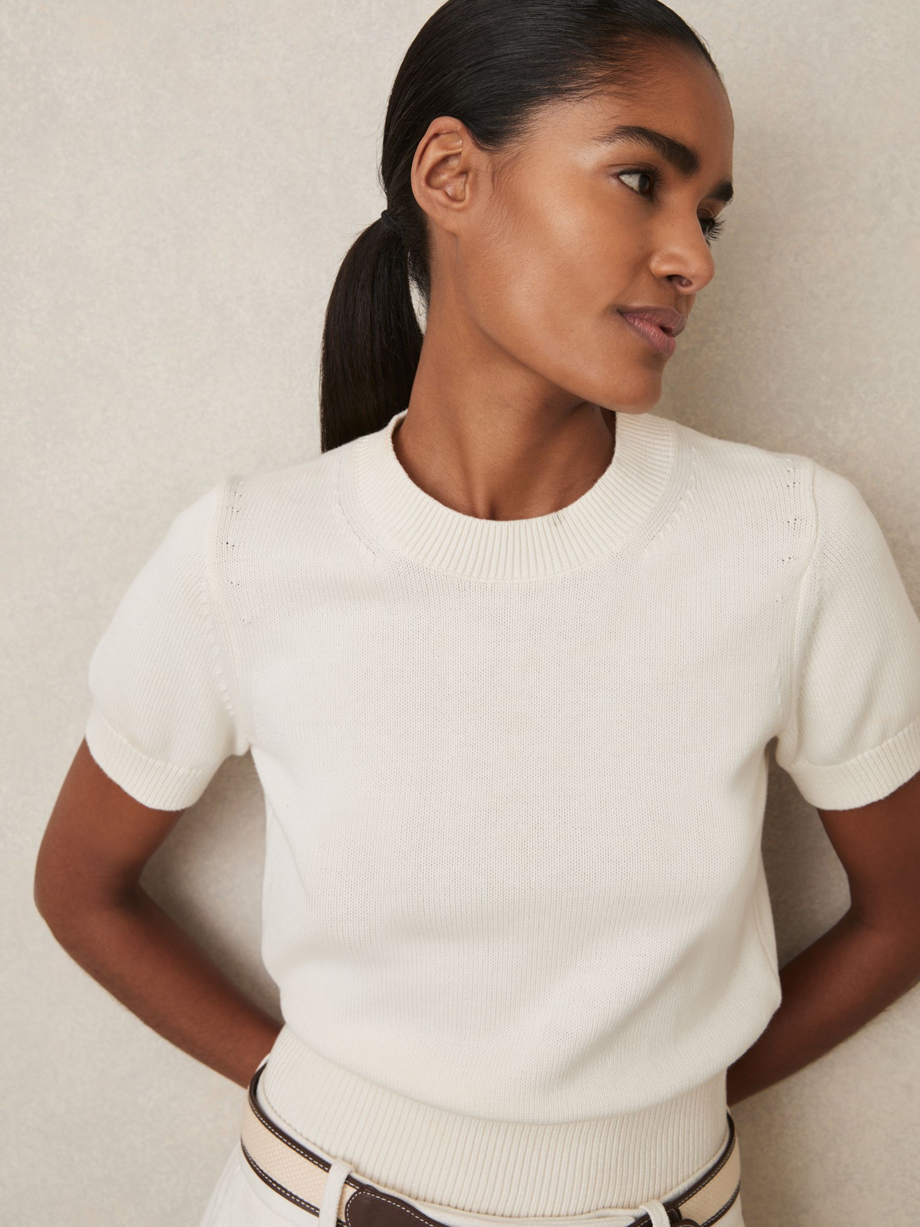 Cotton And Wool Crew-Neck Top in Ivory
