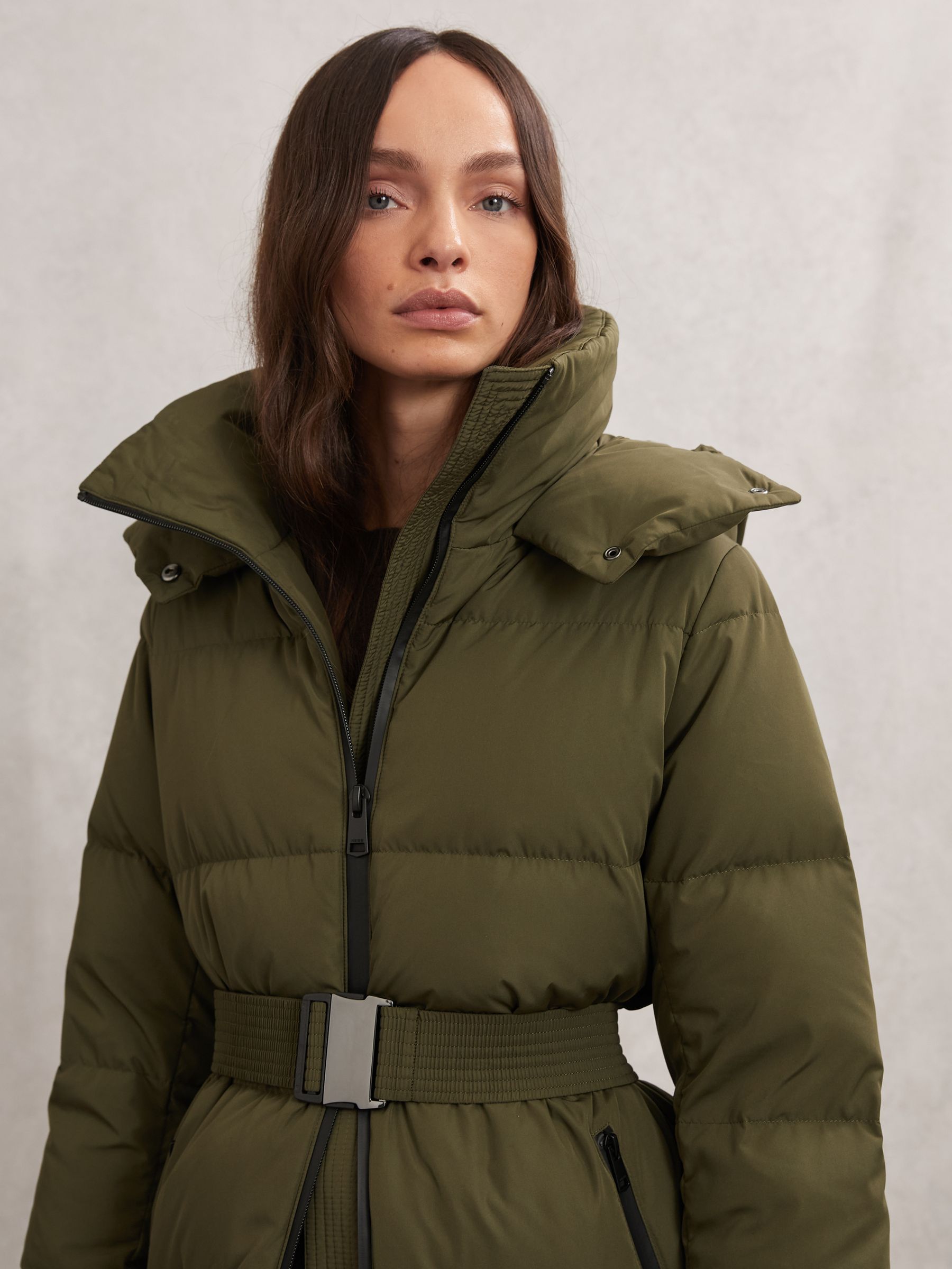 Belted Longline Hooded Puffer Coat in Khaki