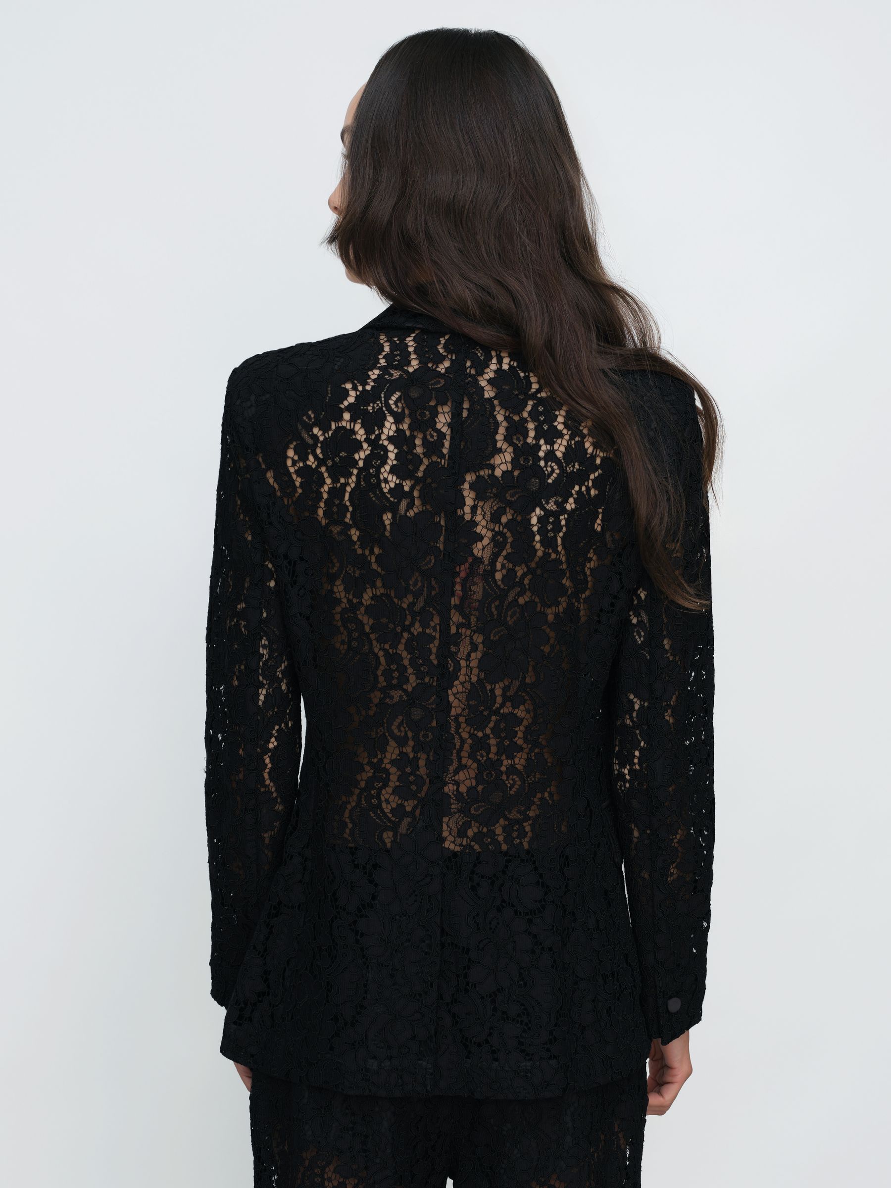 Double-Breasted Lace Tuxedo Blazer in Black