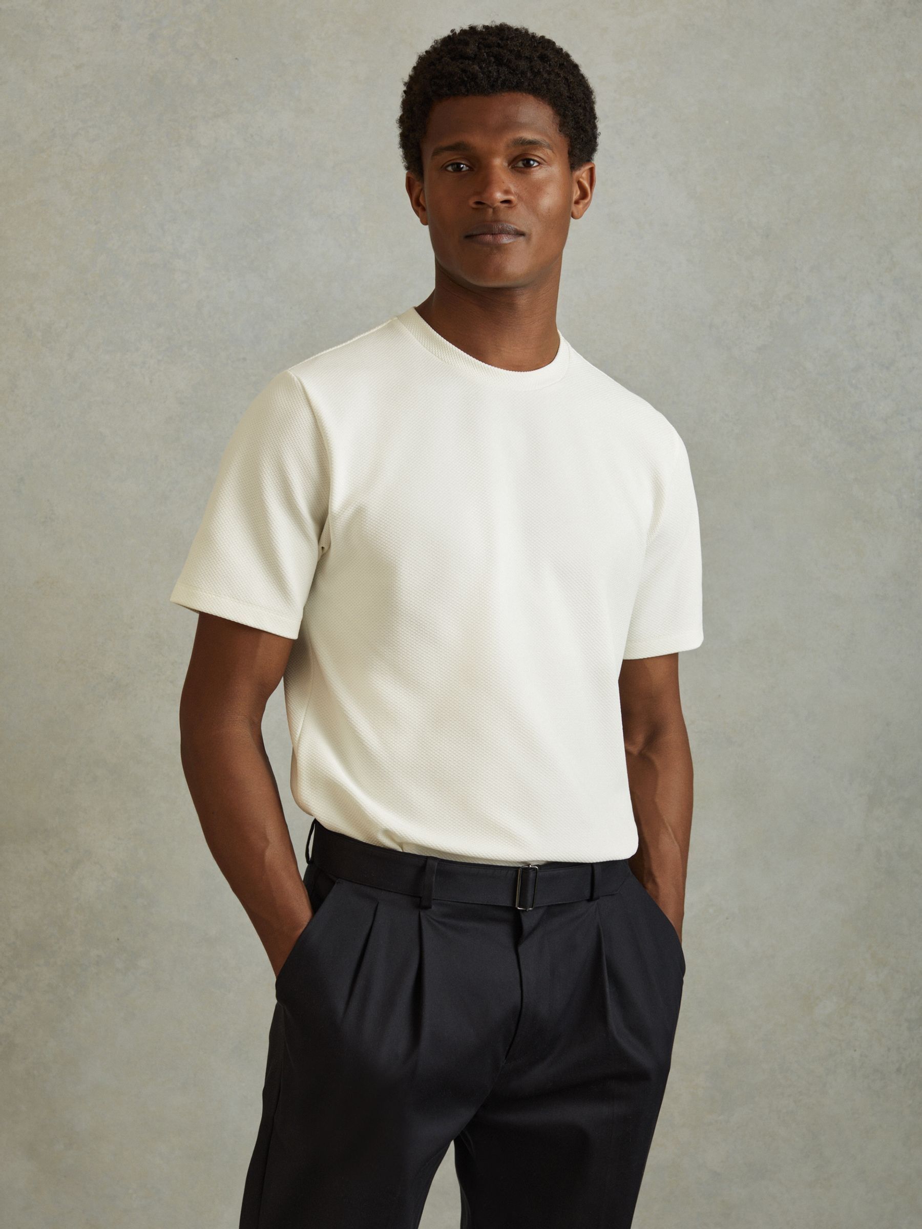 Textured Crew-Neck T-Shirt in Off White