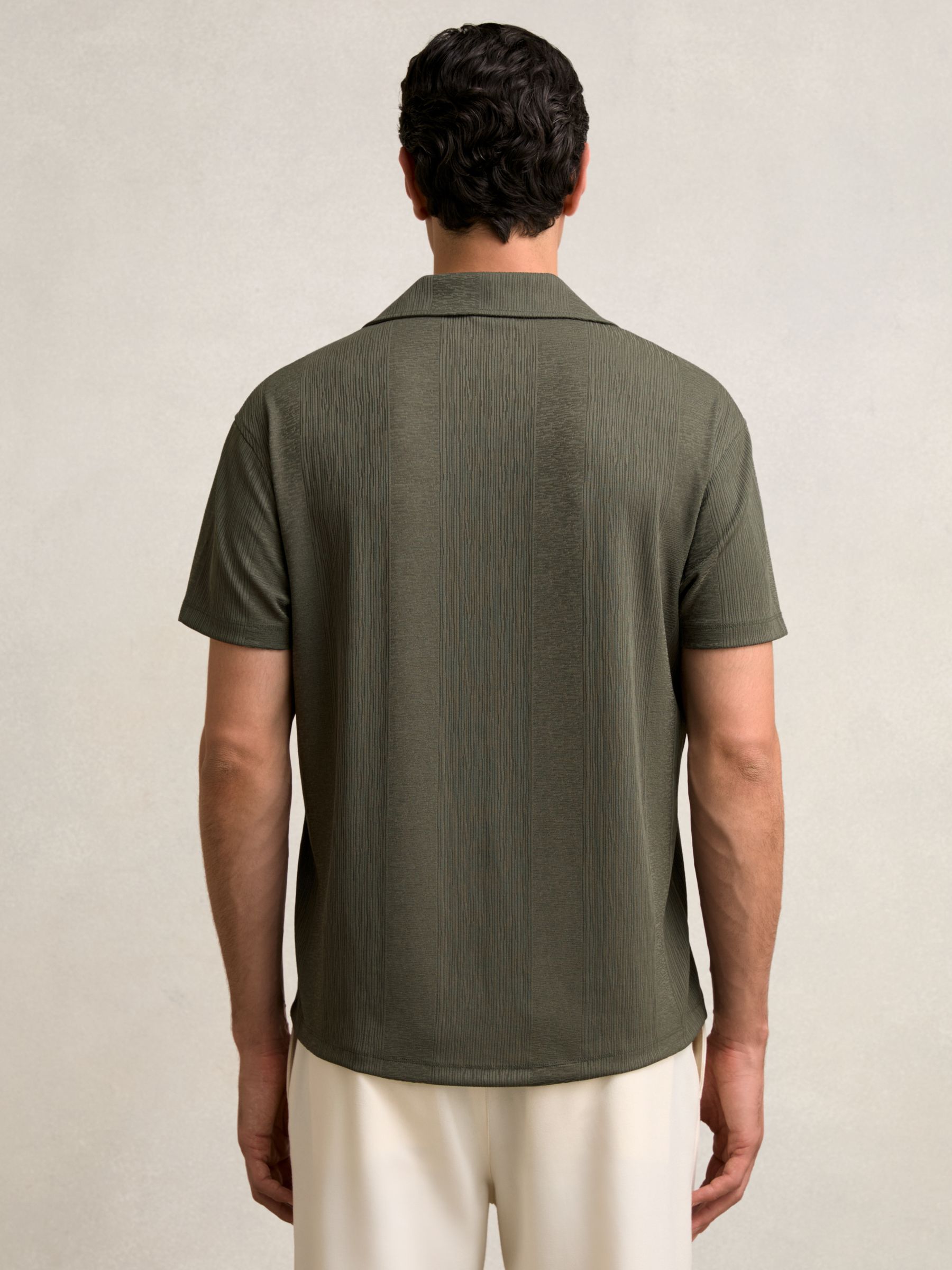 Jacquard-Stripe Cuban-Collar Shirt in Dark Green