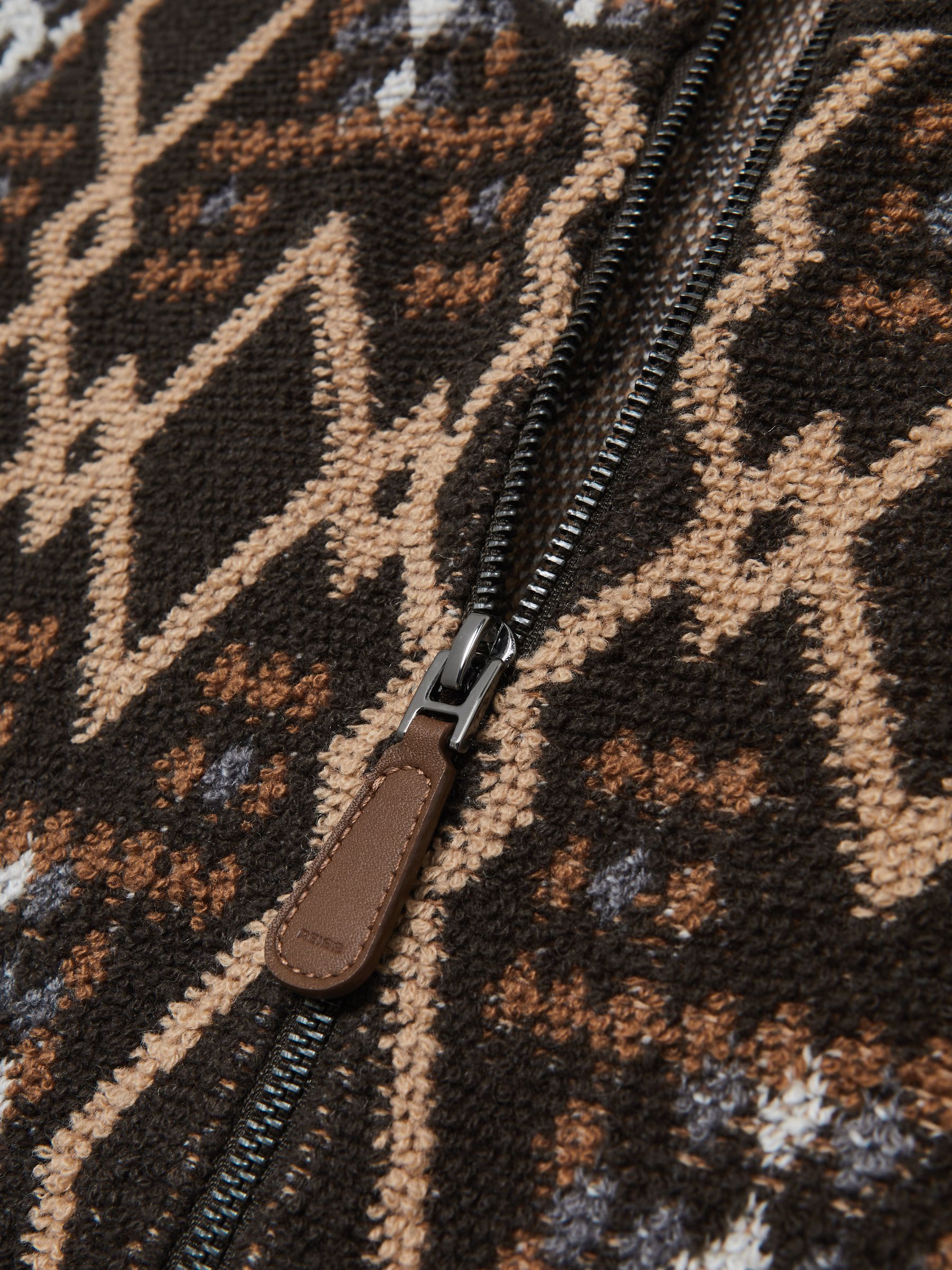 Geometric Fair Isle Zip-Through Jumper with Wool in Brown Multi