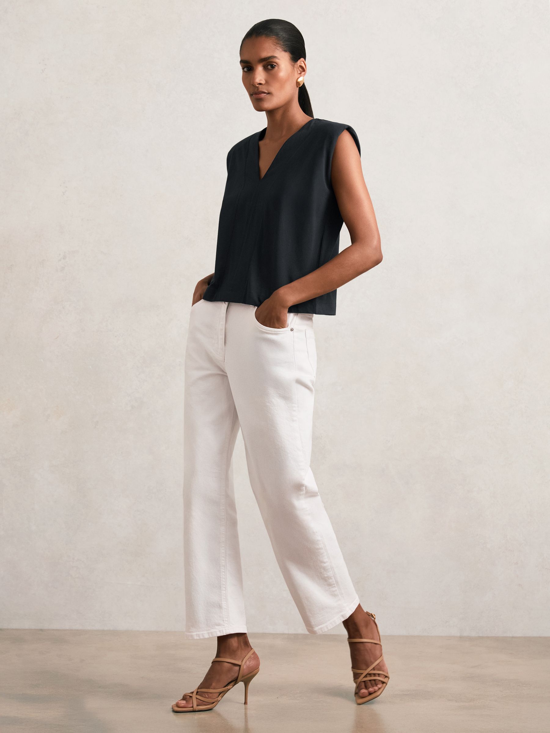 Cotton Shoulder-Pad V-Neck Top in Navy