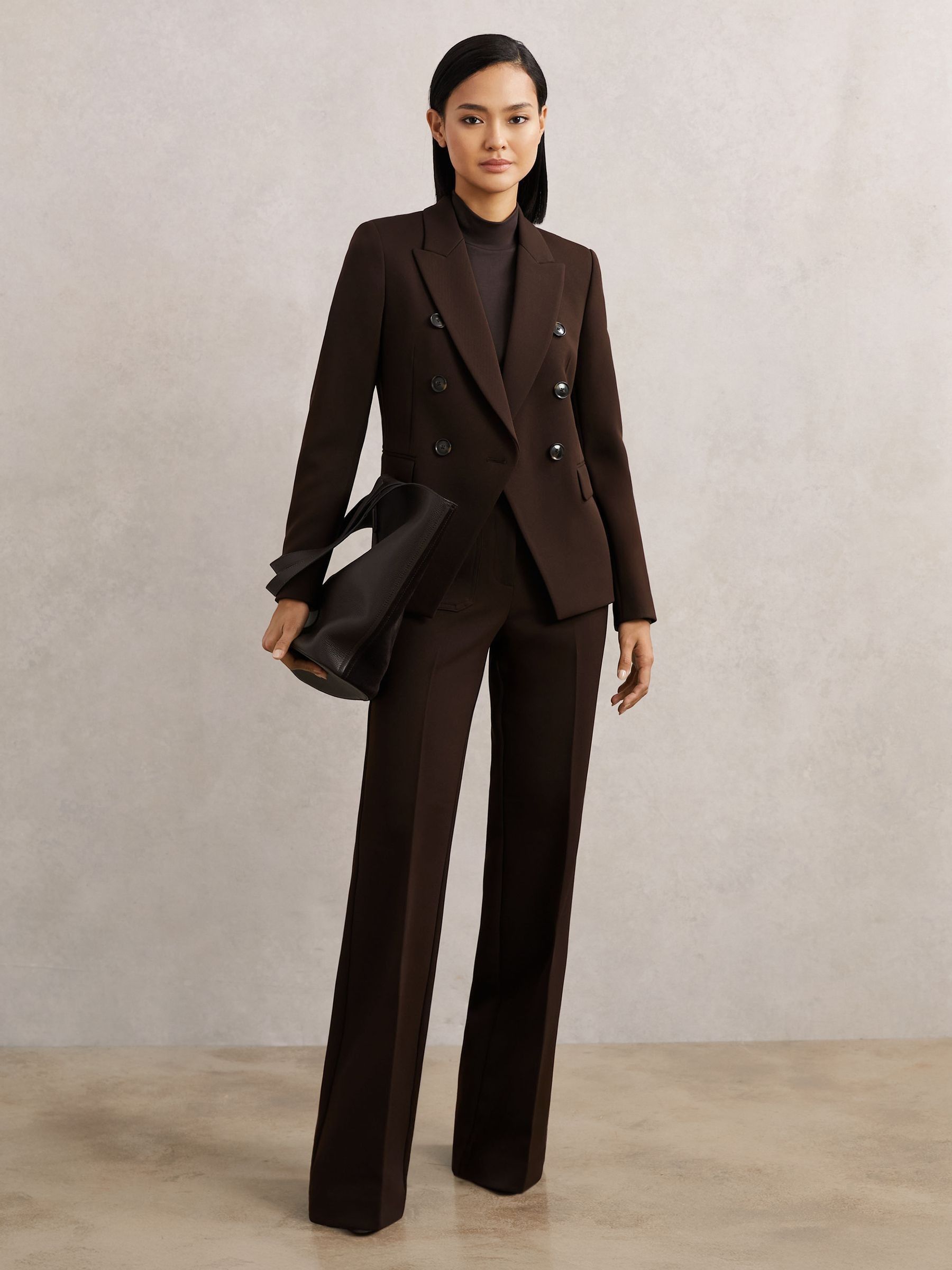 Petite Twill Double-Breasted Blazer in Chocolate Brown