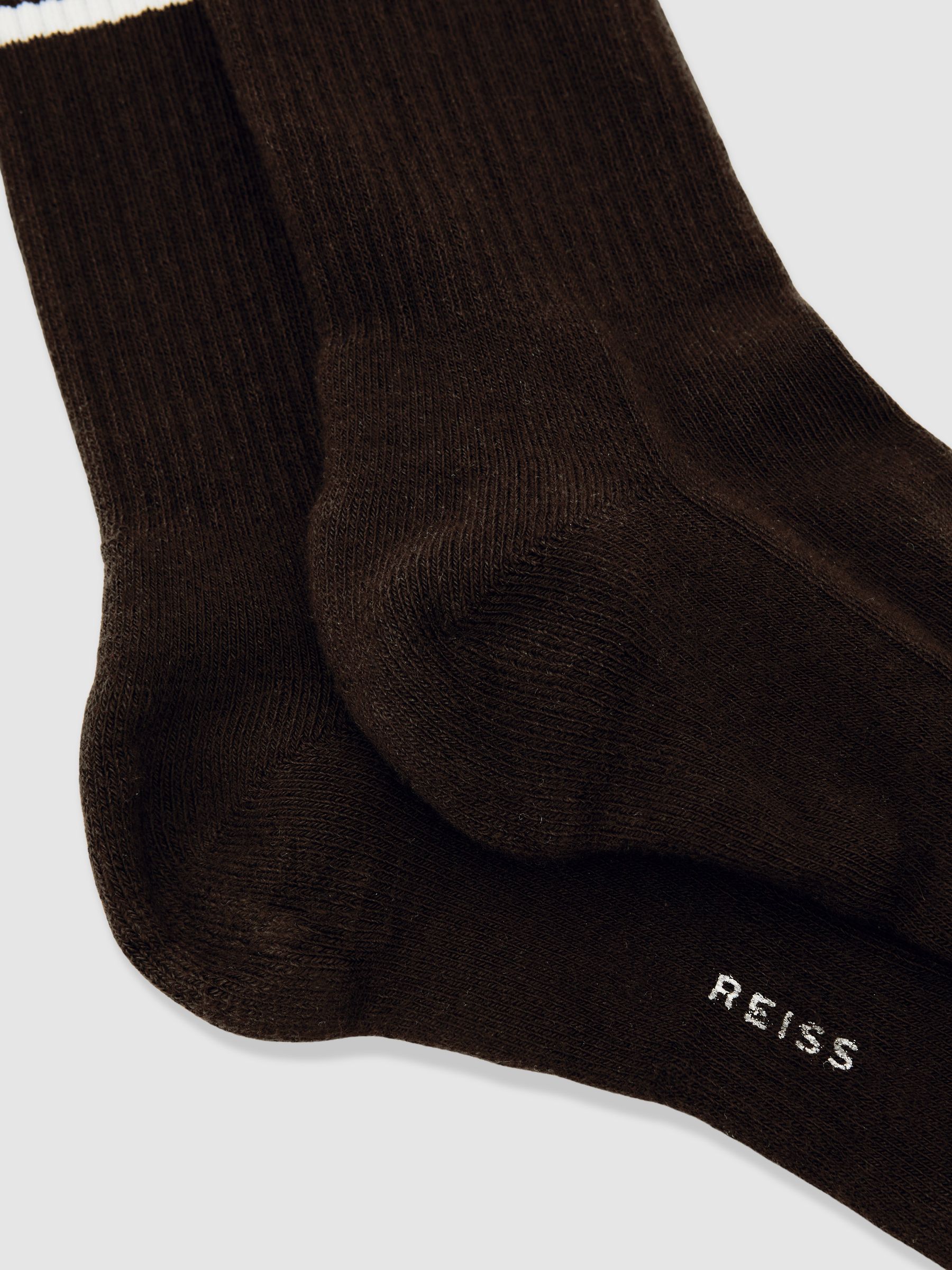Monogram Cotton-Blend Rib Sport Socks in Chocolate Brown/Ecru/Navy