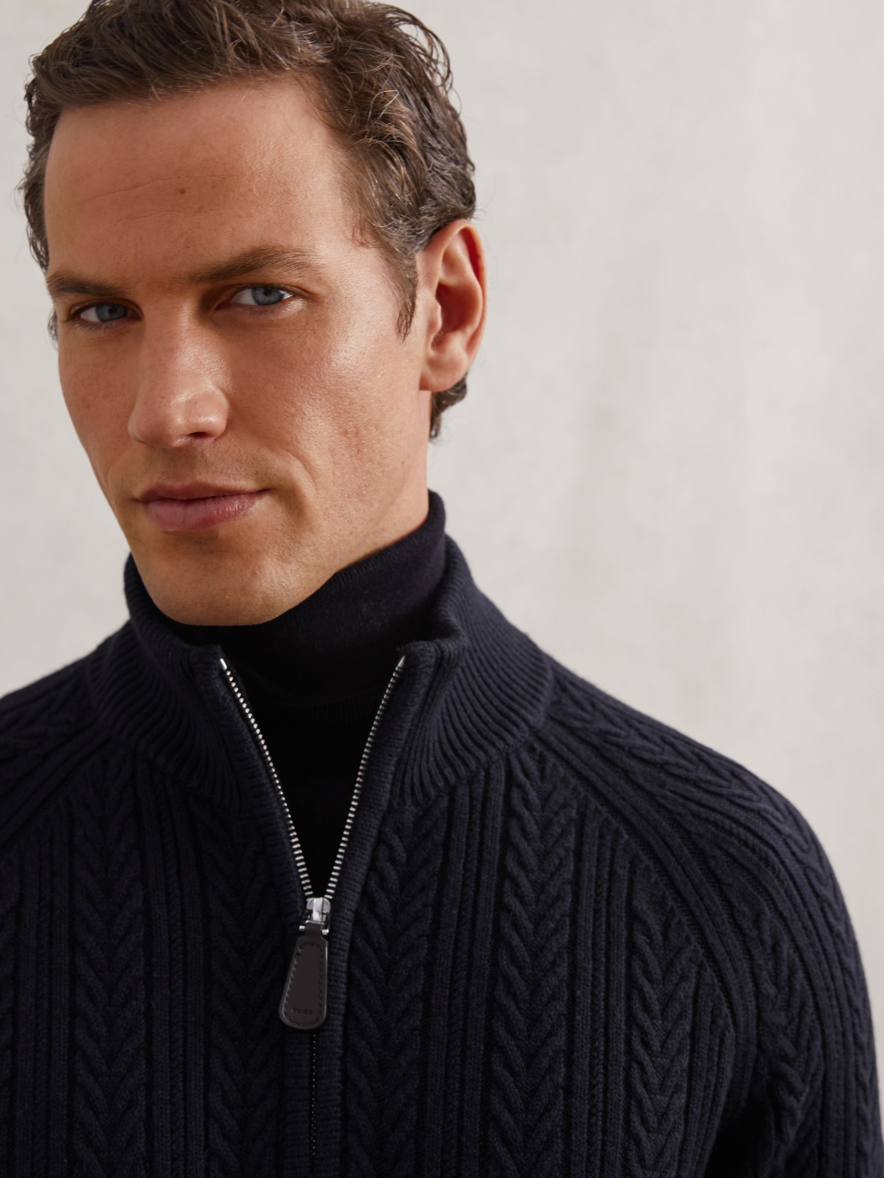 Cable-Knit Half-Zip Jumper with Wool in Navy