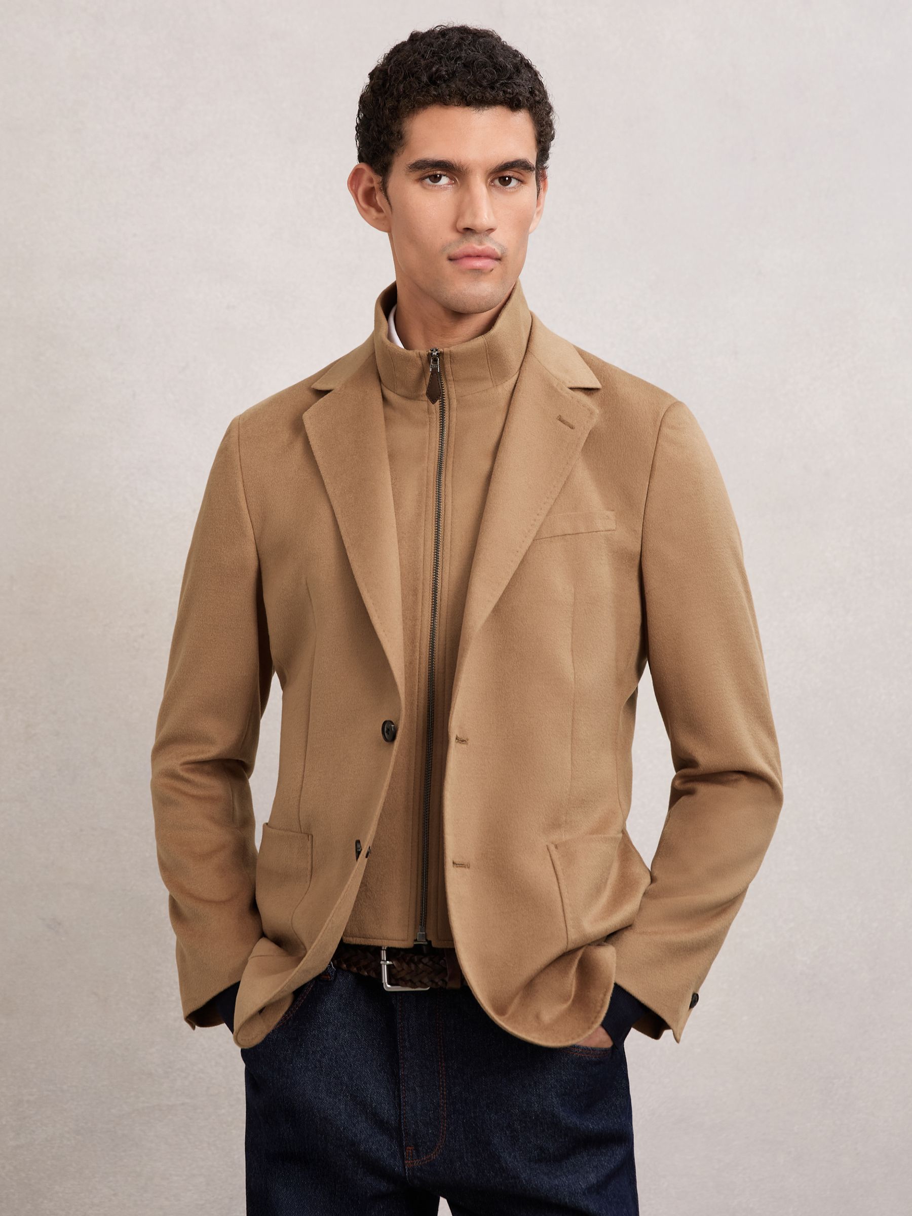 Single-Breasted Blazer With Gilet Insert Tailored-Fit in Camel Brown