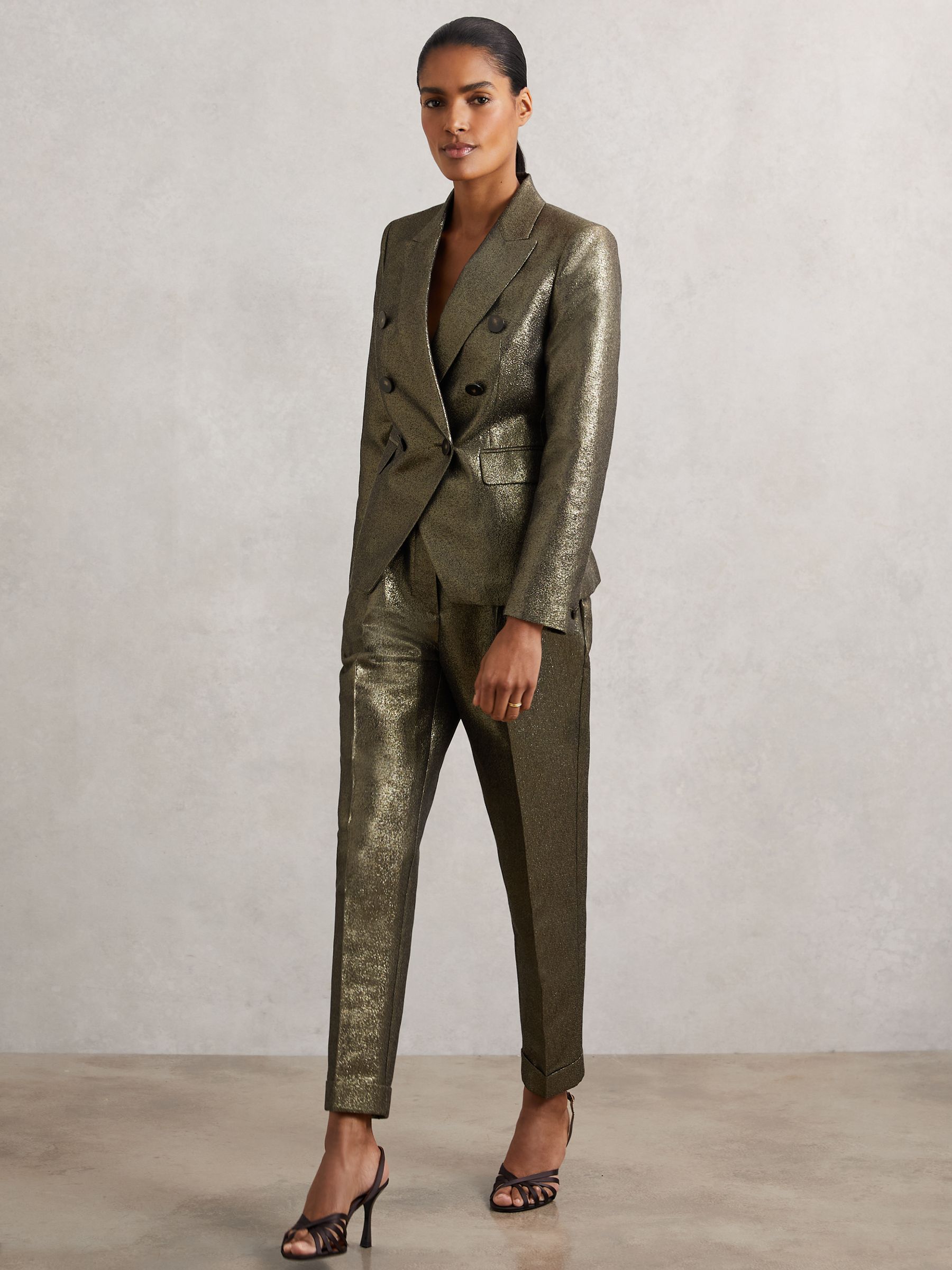 Double-Breasted Metallic Suit Blazer with Cotton in Gold