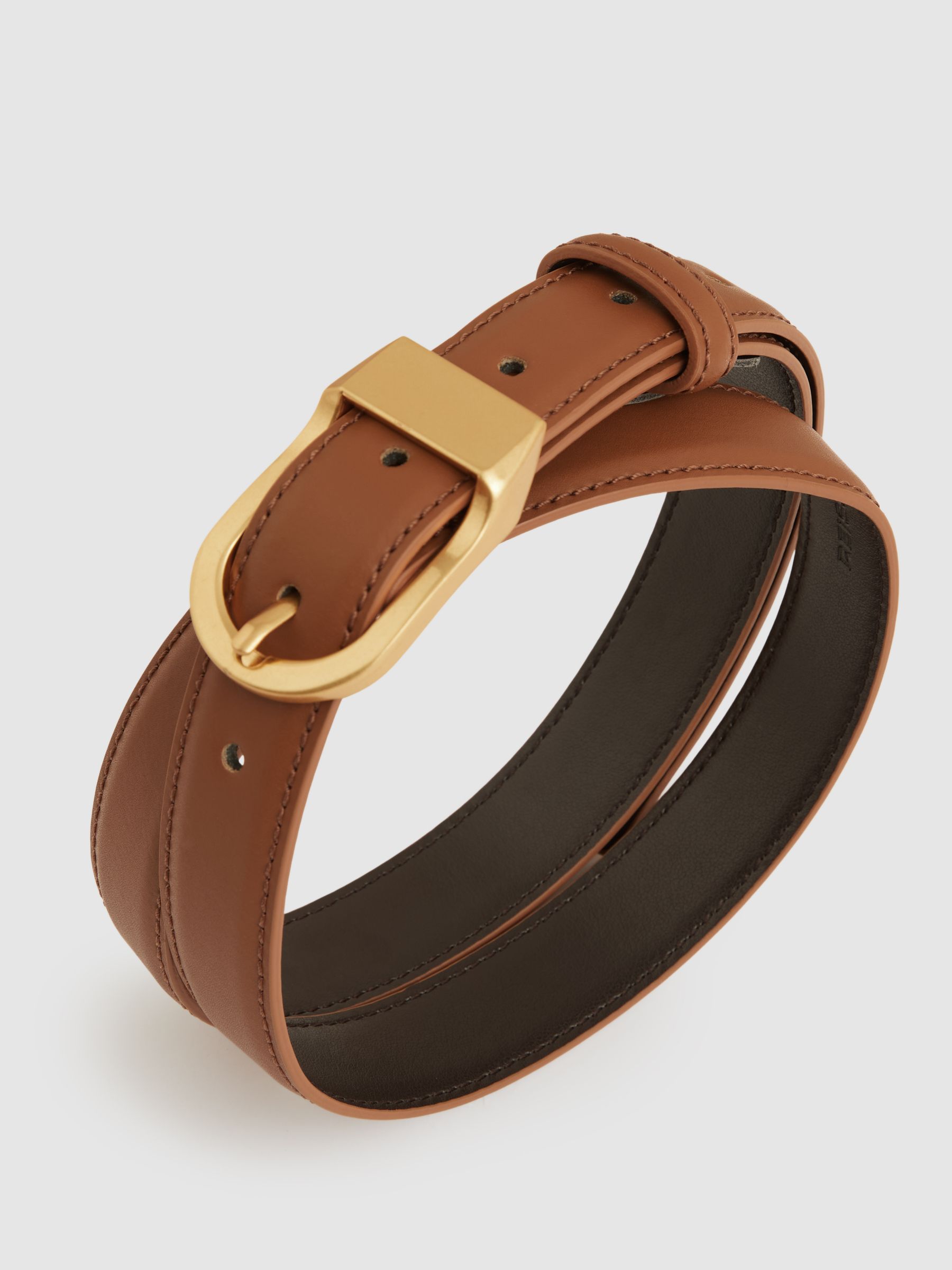 Leather Curved-Buckle Belt in Tan