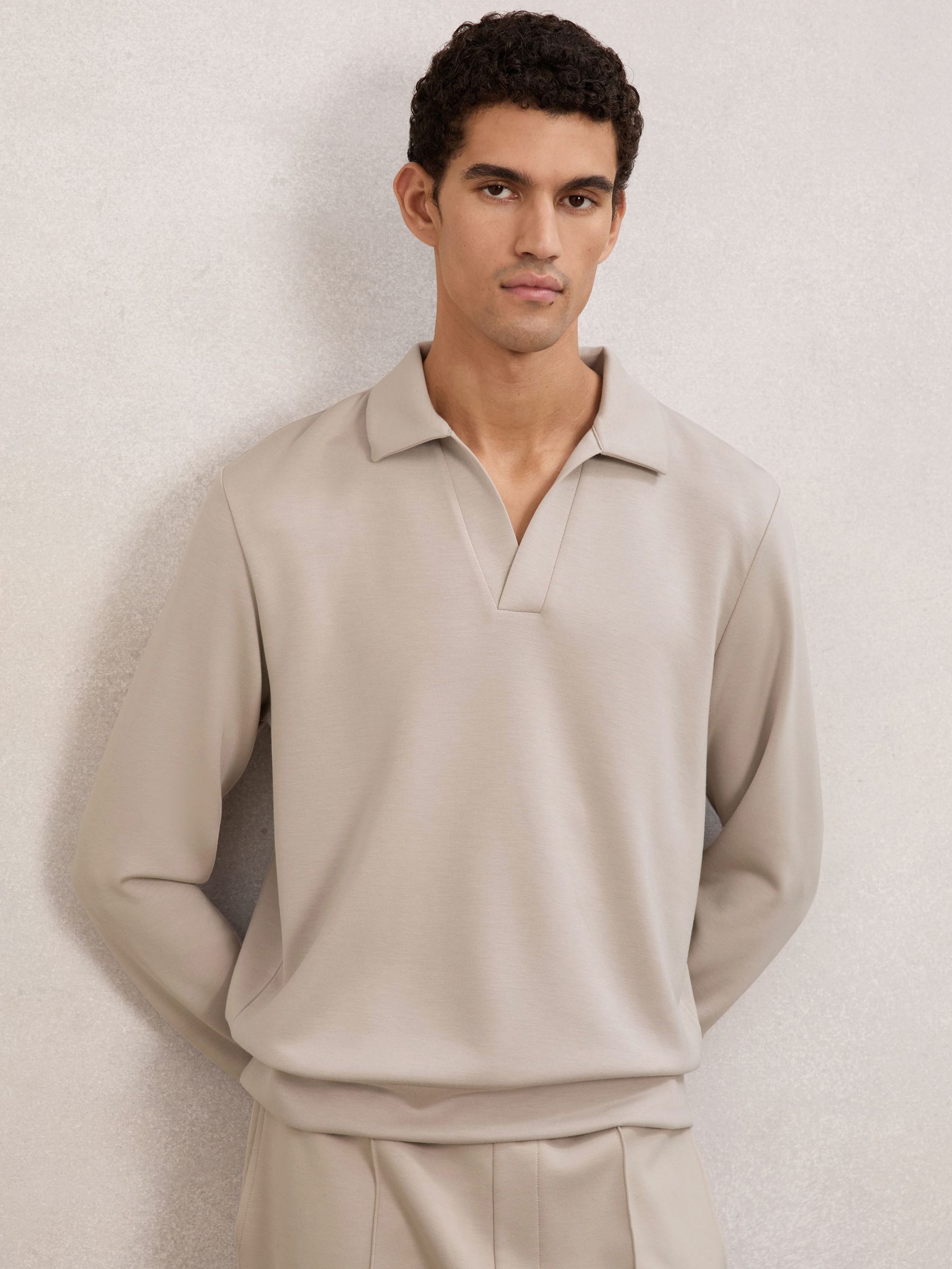 Interlock Open-Collar Polo Sweatshirt in Stone