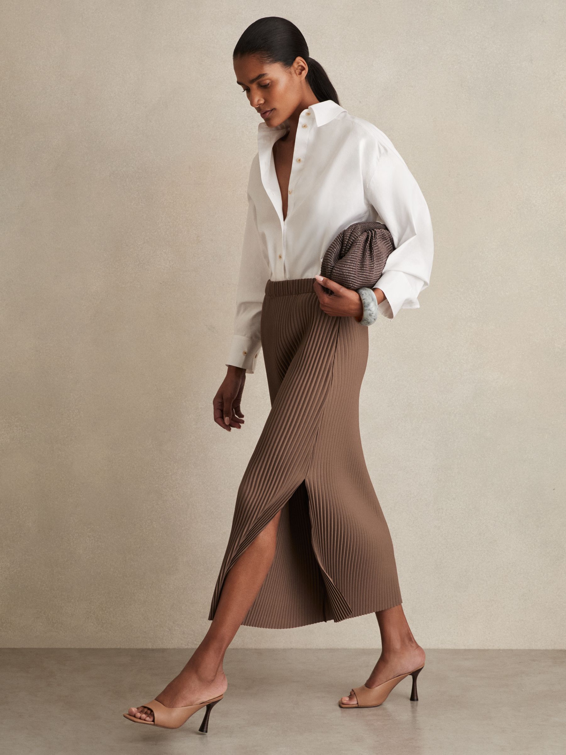 Pleated Jersey Midi Skirt in Chocolate