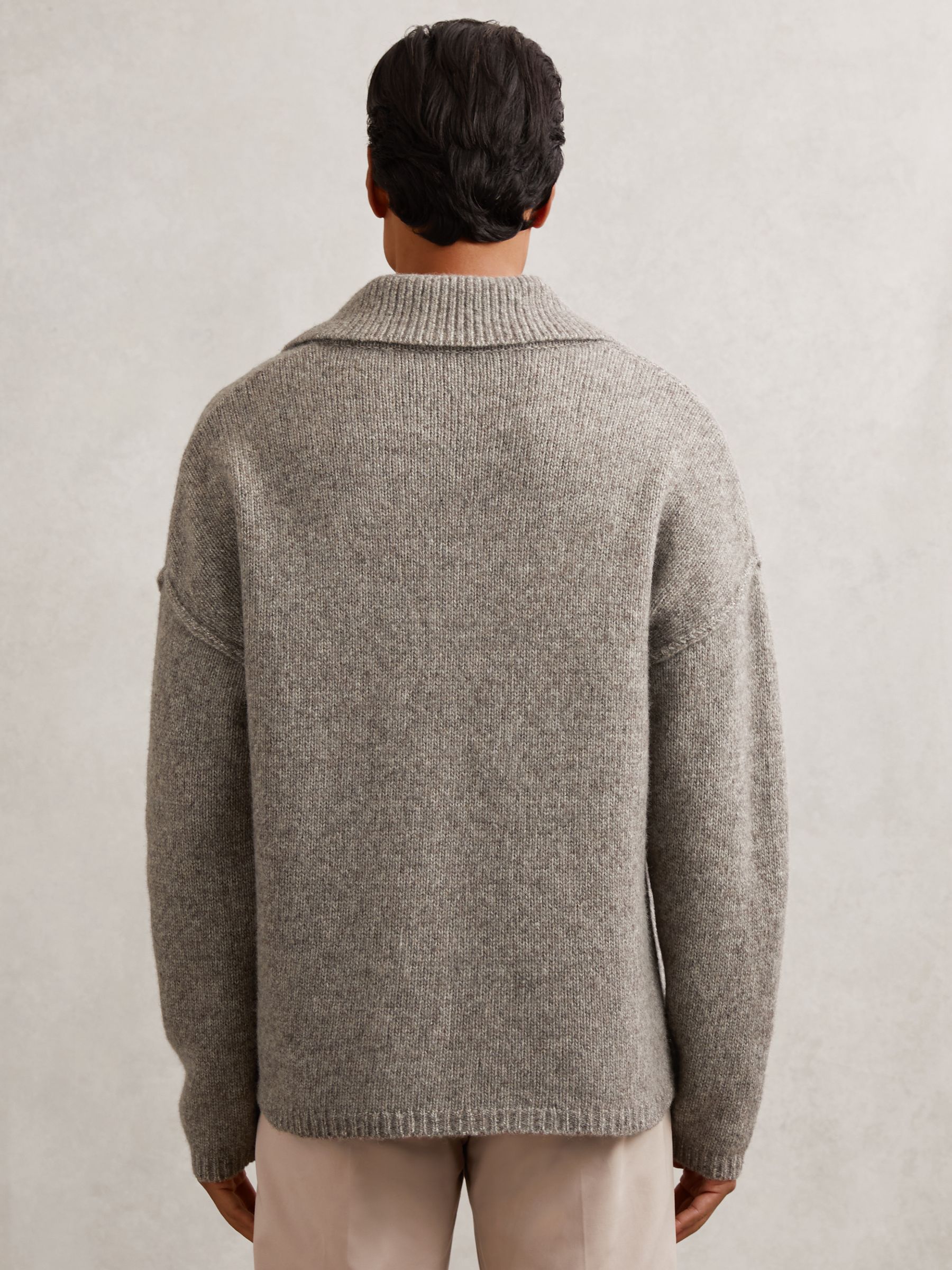 Wool-Blend Relaxed Open-Collar Jumper in Taupe Brown Melange