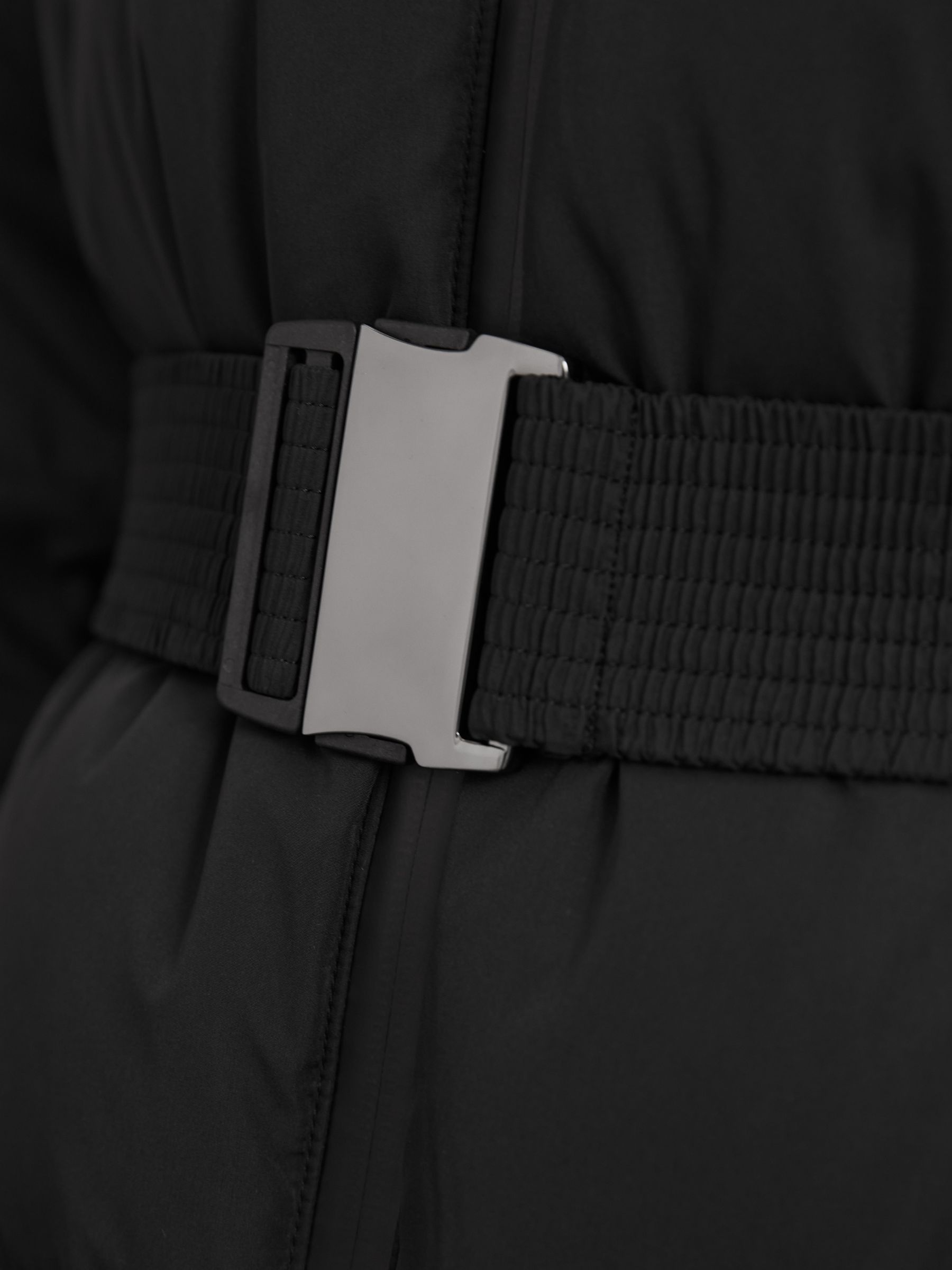 Belted Longline Hooded Puffer Coat in Black