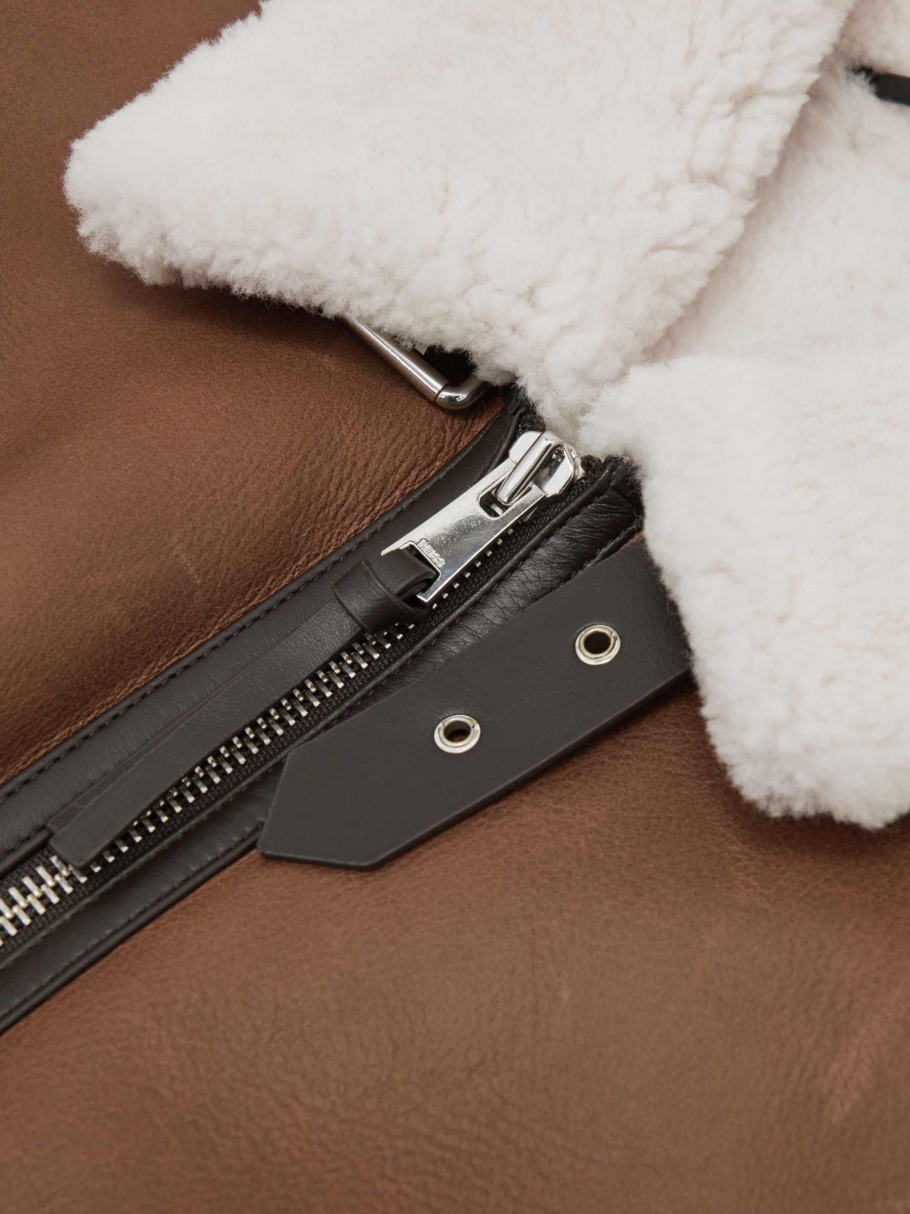 Leather Shearling-Collar Jacket in Cognac Brown