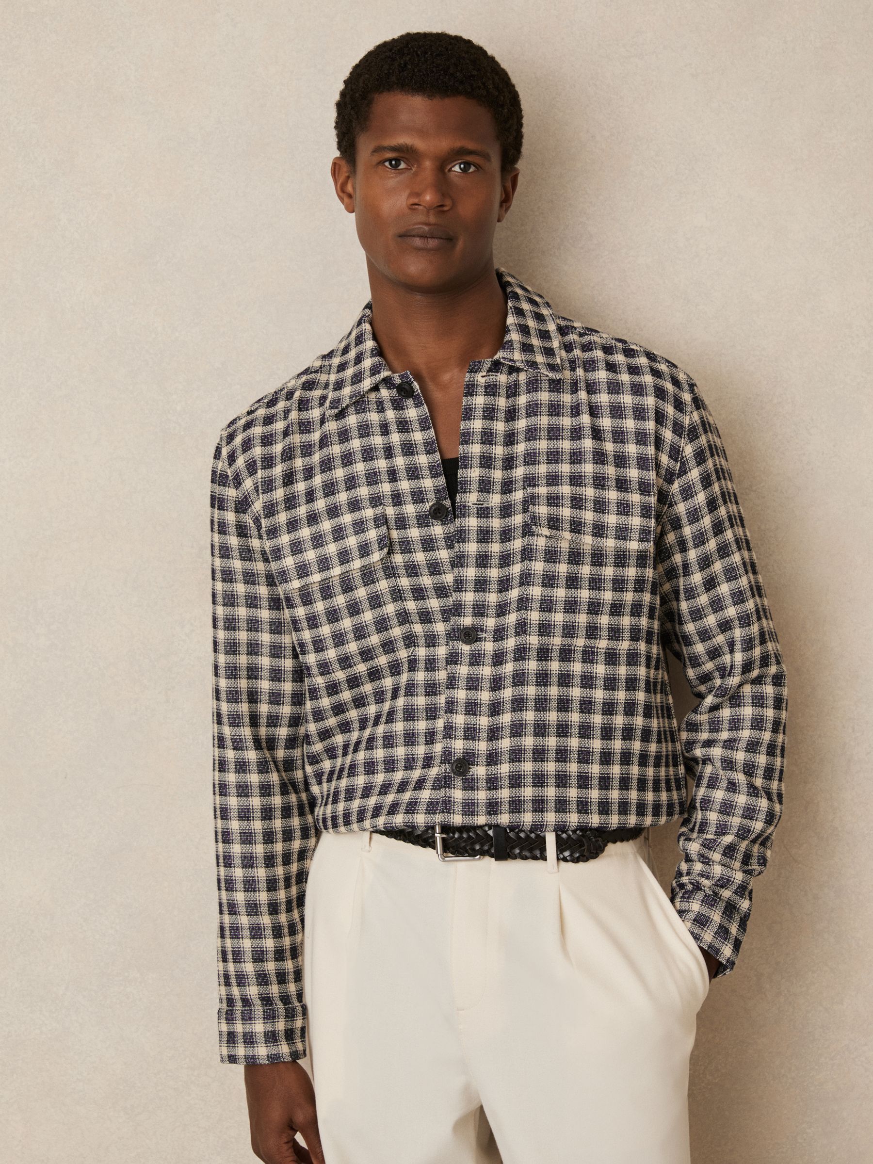 Woven Check Twin Pocket Overshirt in Navy/White