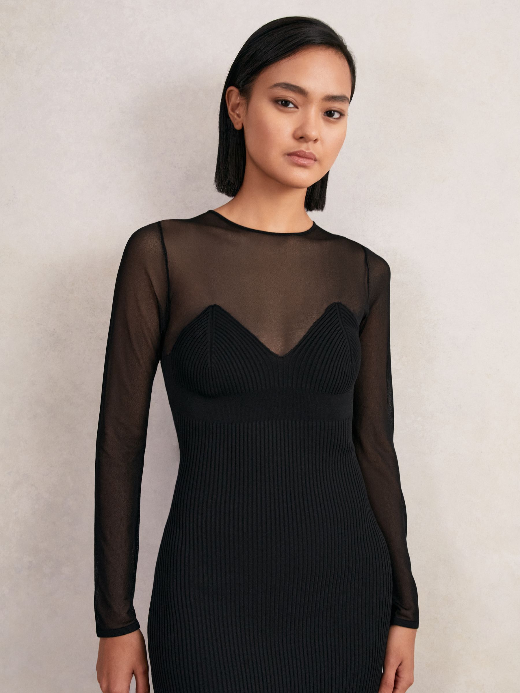 Mesh Rib-Knit Sweetheart Midi Dress in Black