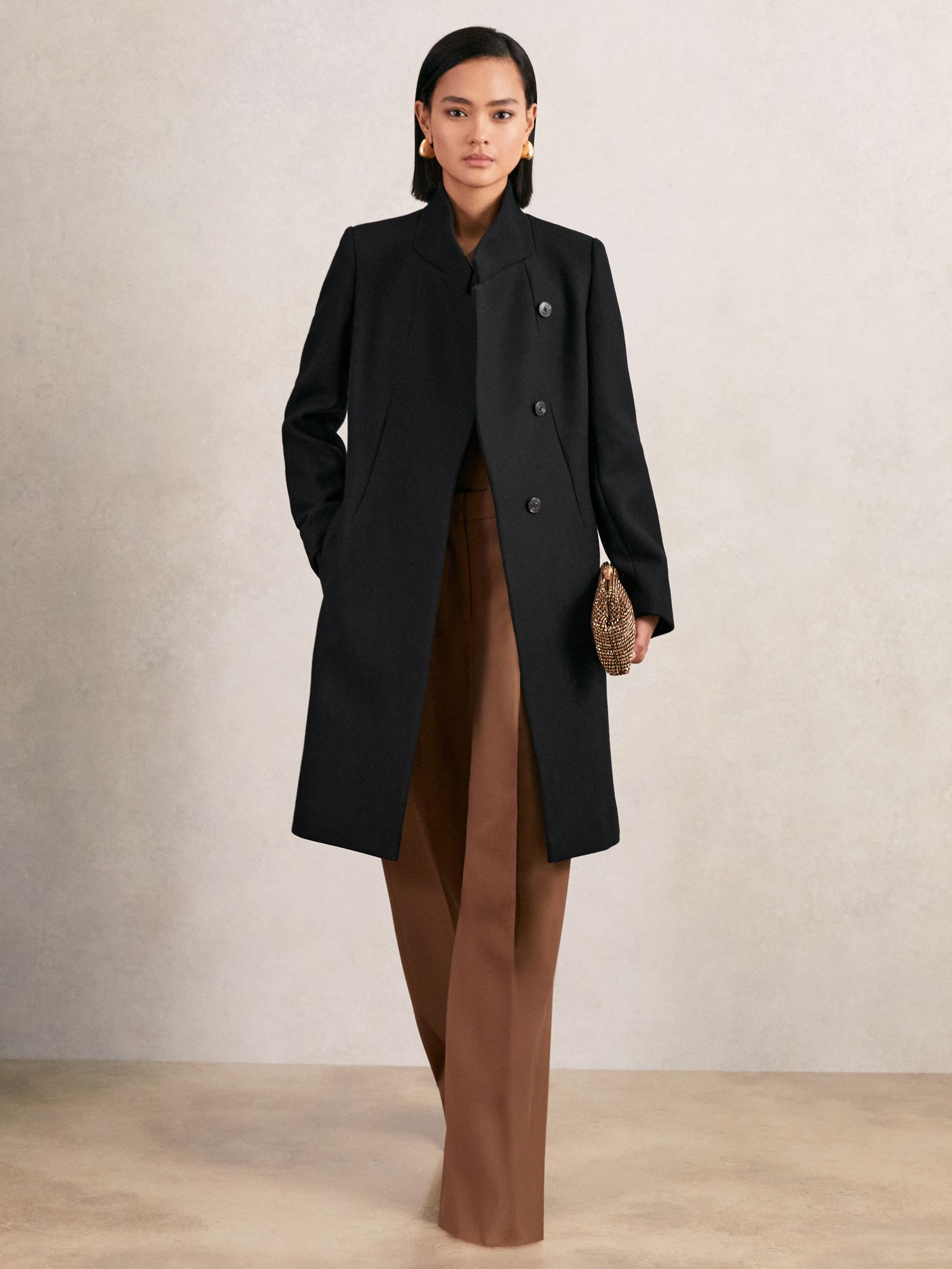 Wool-Blend Wrapover Mid-Length Coat in Black