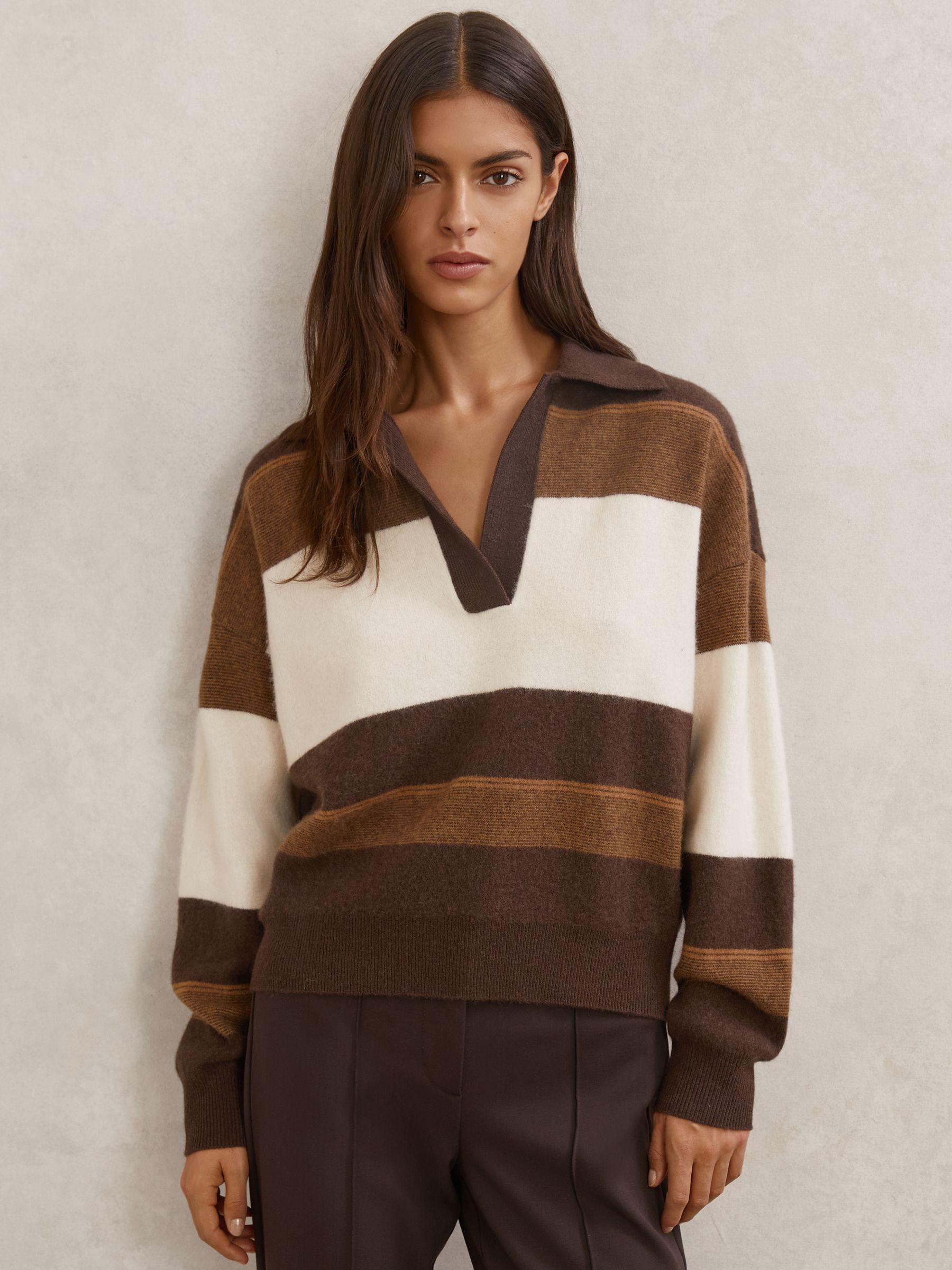 Wool-Cashmere Stripe Collared Jumper in Chocolate/Cream
