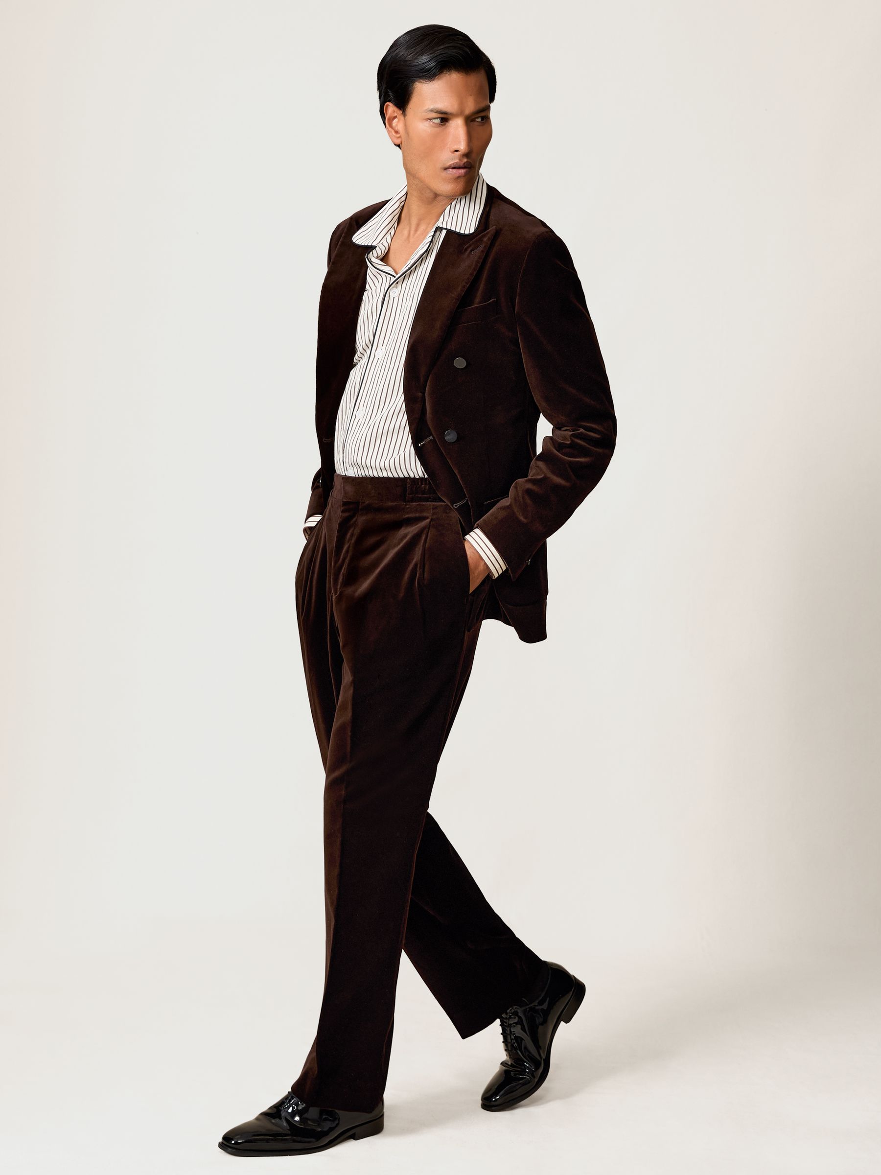 Stripe Cuban-Collar Piped Shirt in White/Brown