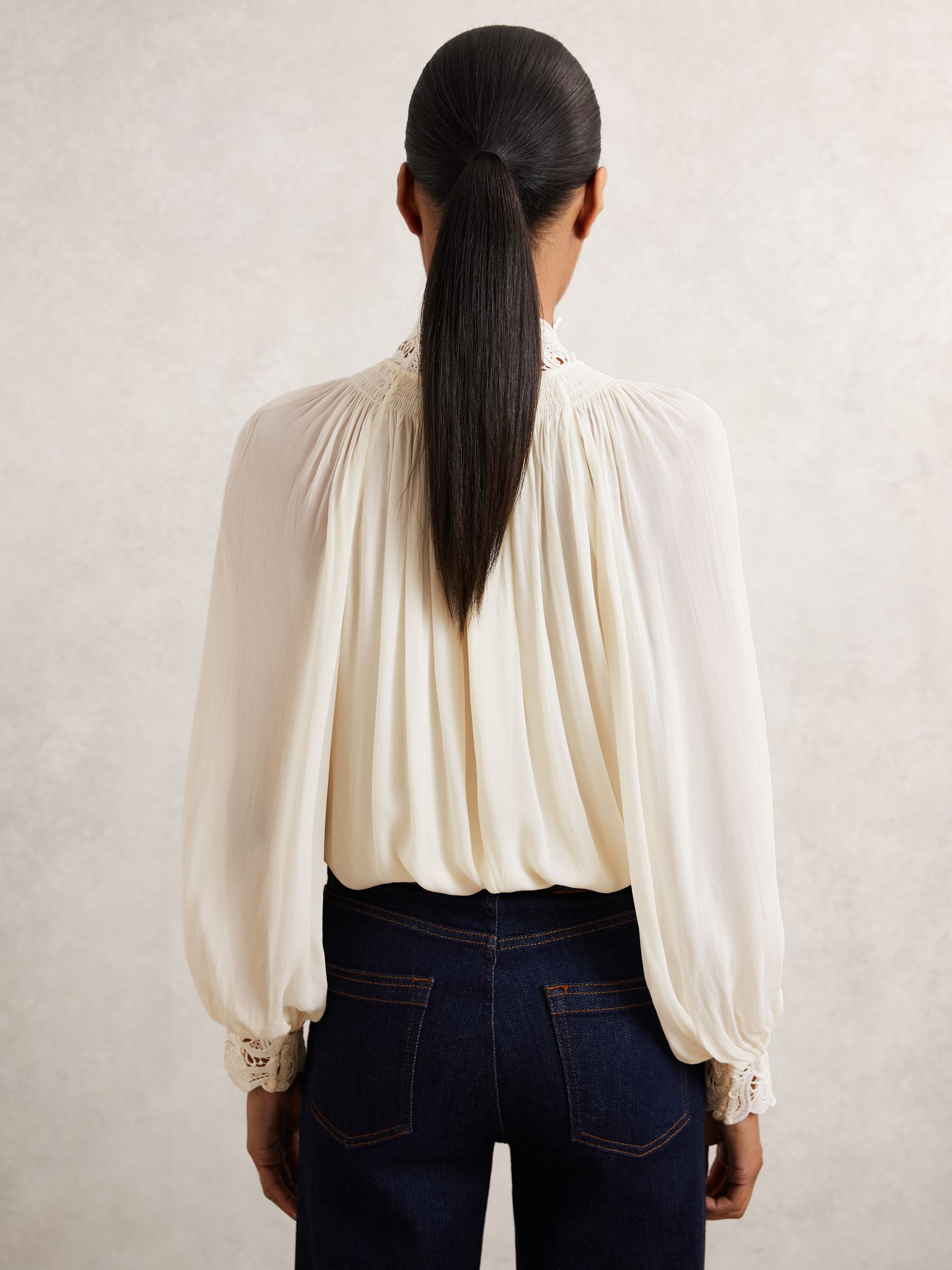 Lace-Trim Draped Chiffon Top in Cream