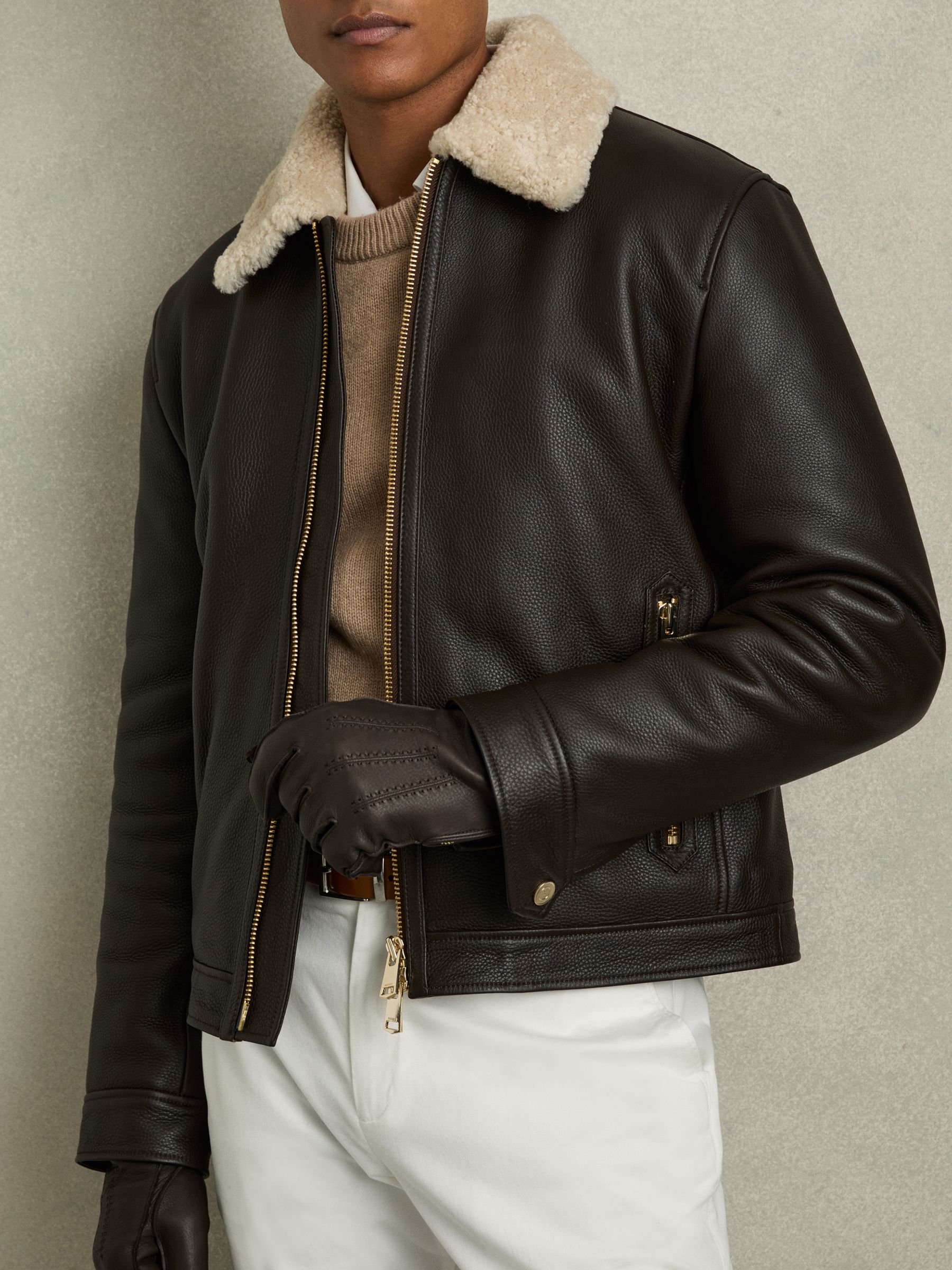 Leather Zip-Side Gloves in Dark Brown