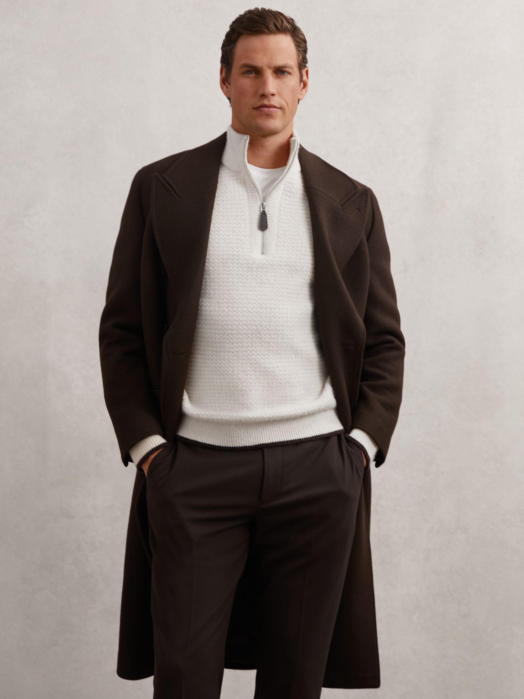 Half-Zip Chevron-Knit Jumper with Wool in Winter White